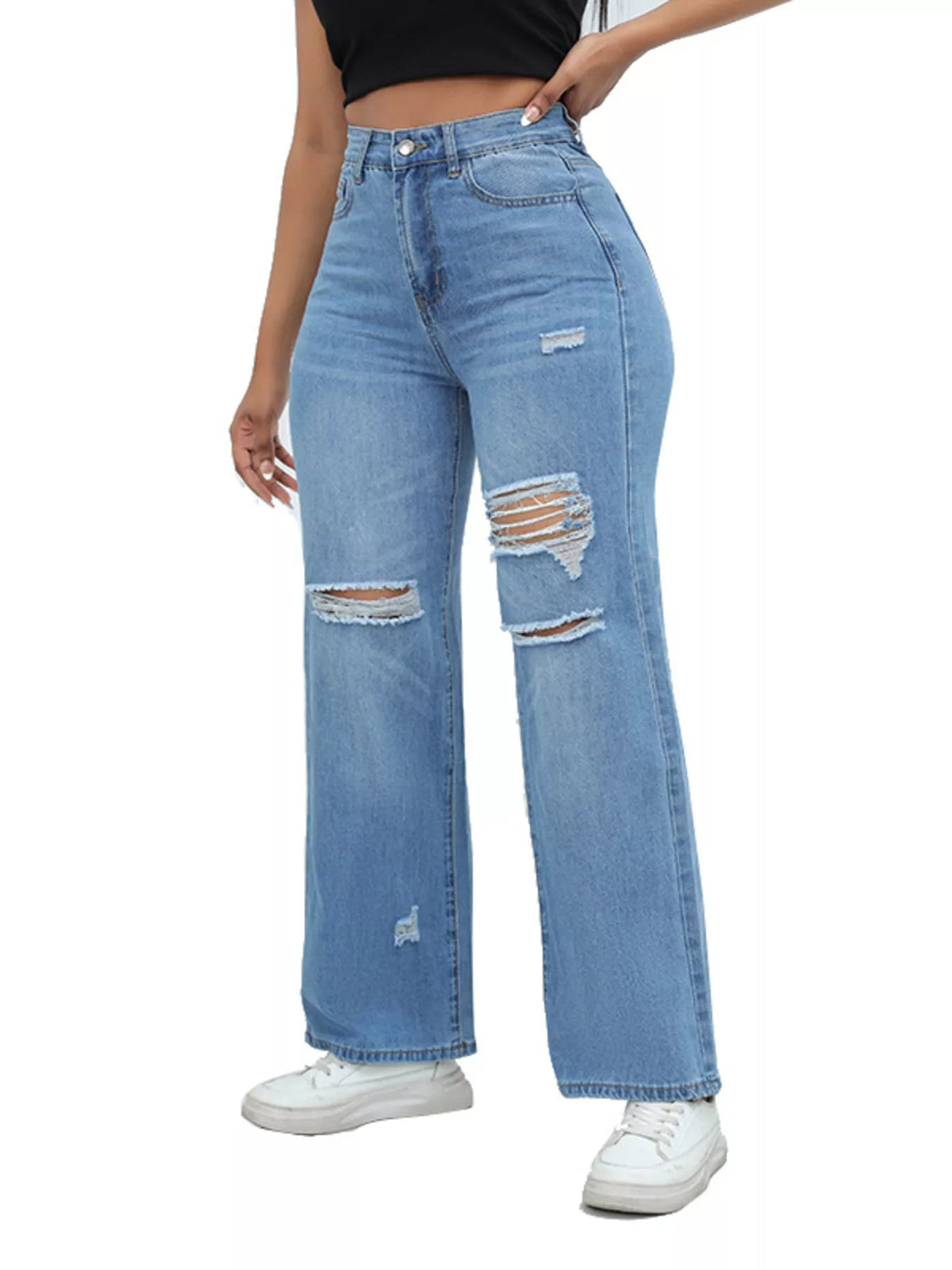 Distressed Wide Leg Jeans with Cat's Whisker Detail