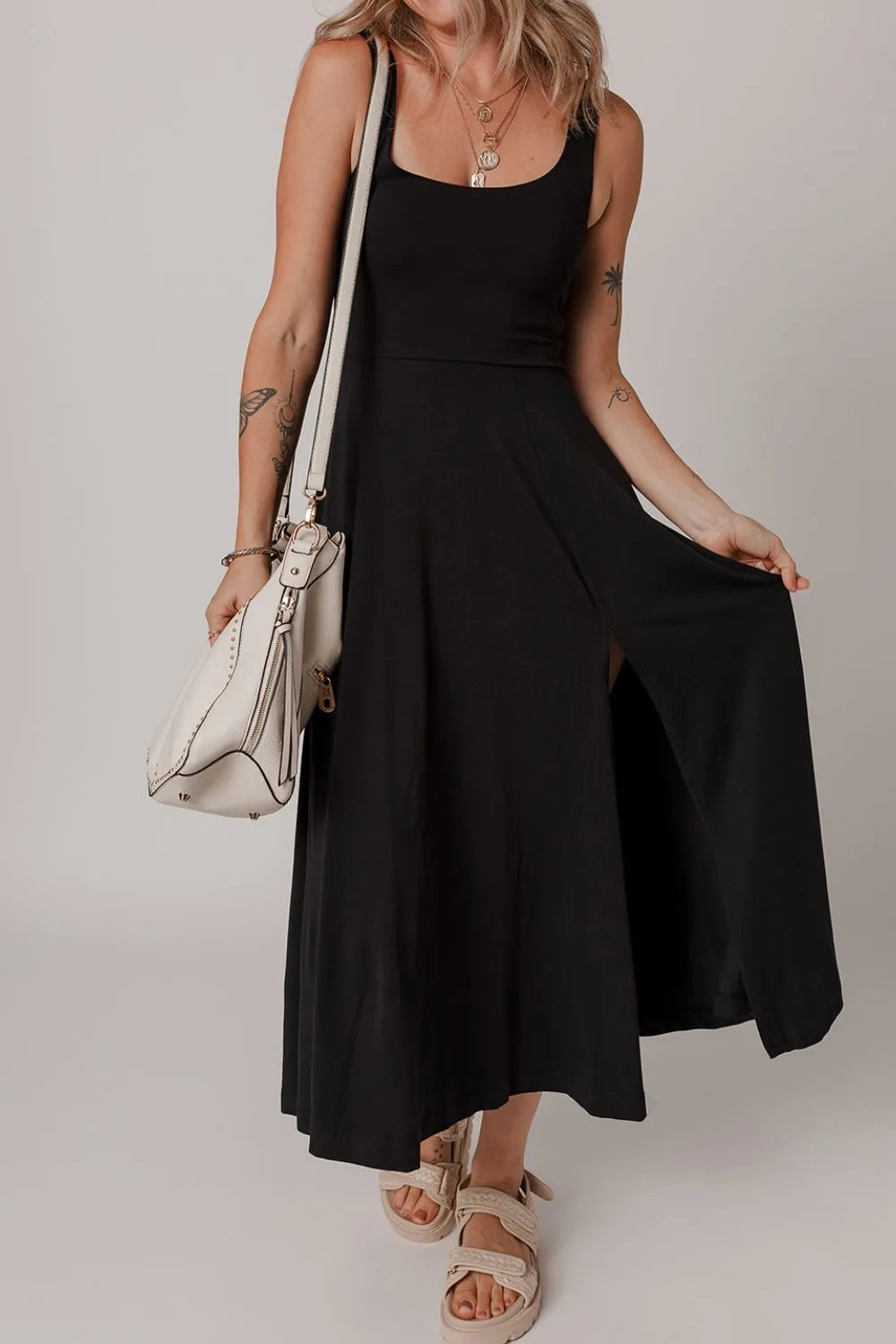 Scoop Neck Wide Strap Dress with Side Slit