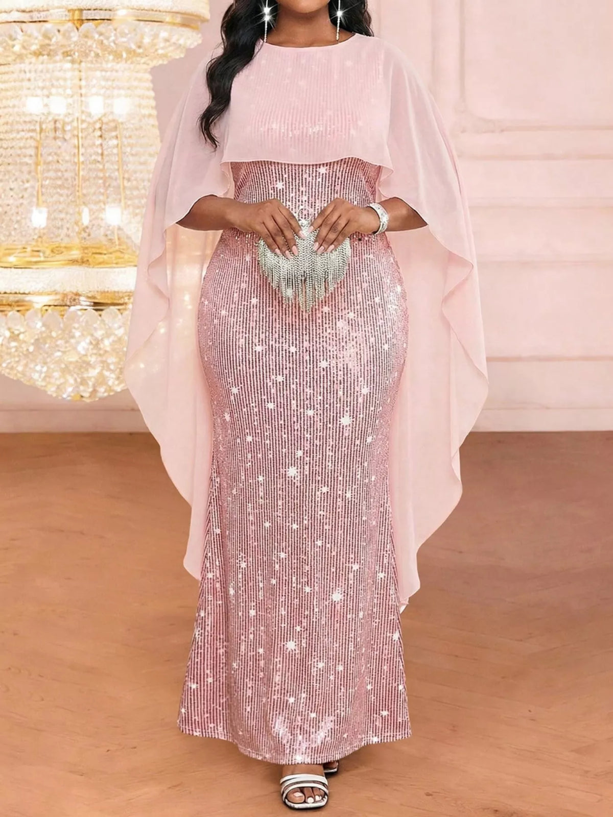 Sequin Cape-Overlay Evening Dress