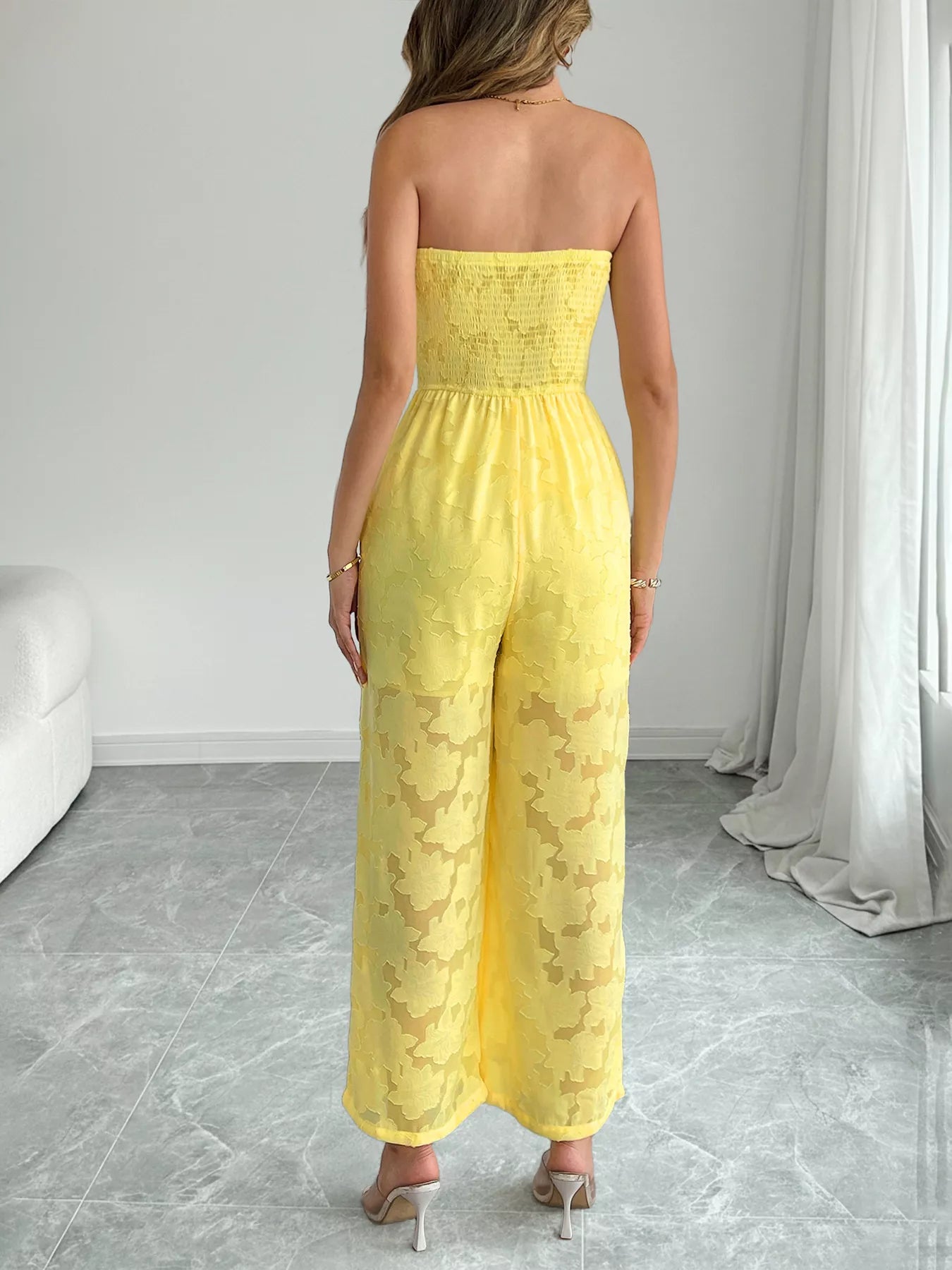 Lace Smocked Tube Jumpsuit in Yellow