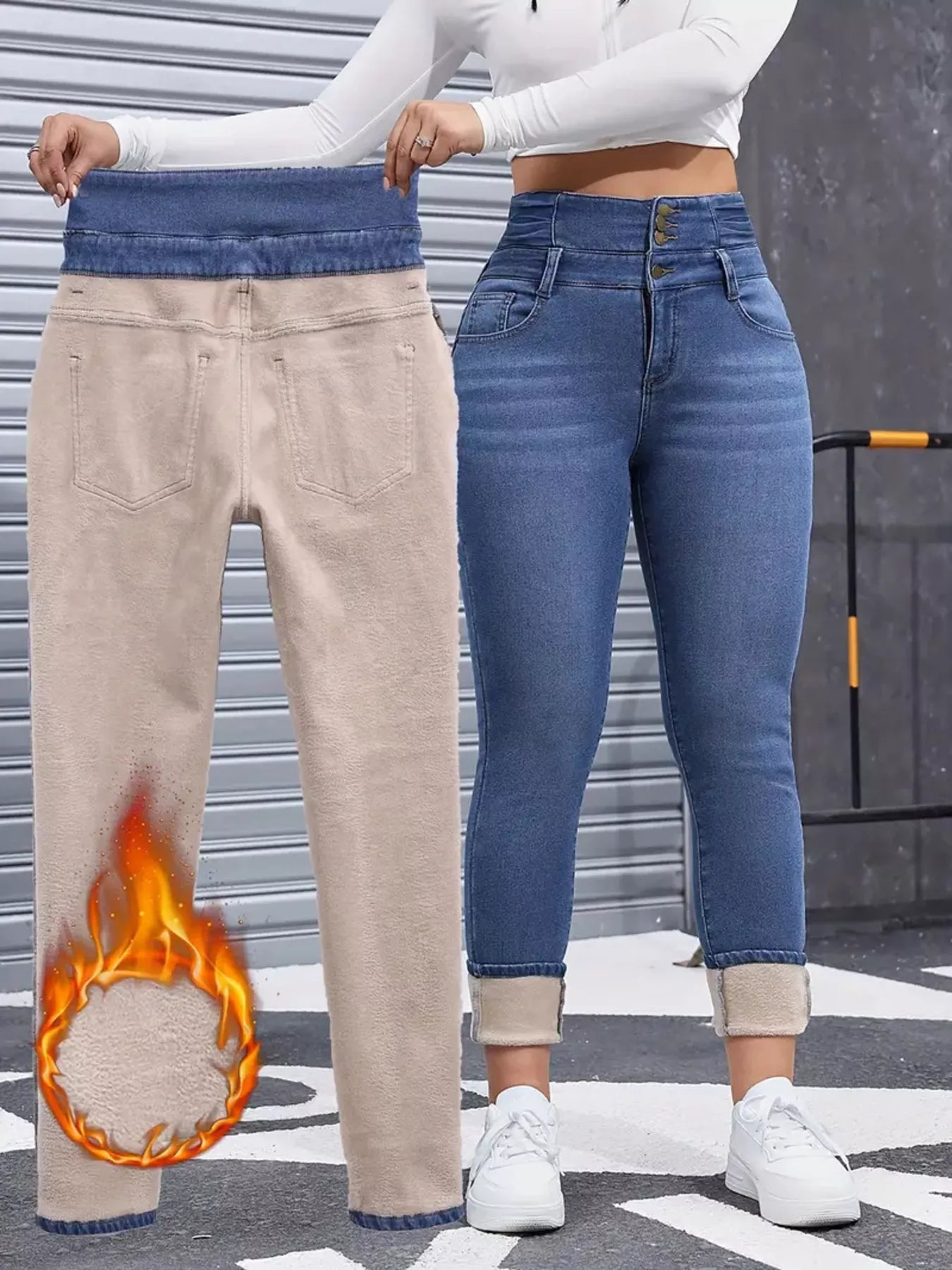High-Waisted Slim Fit Fleece-Lined Jeans in Blue