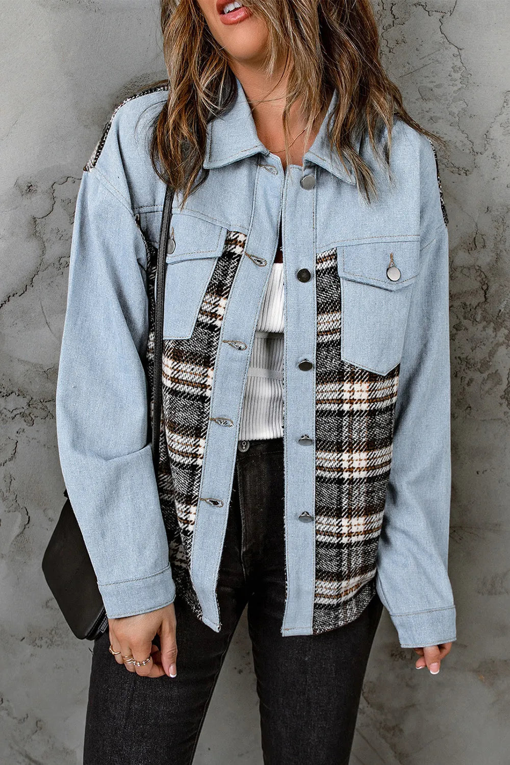 Plaid Button-Up Denim Jacket