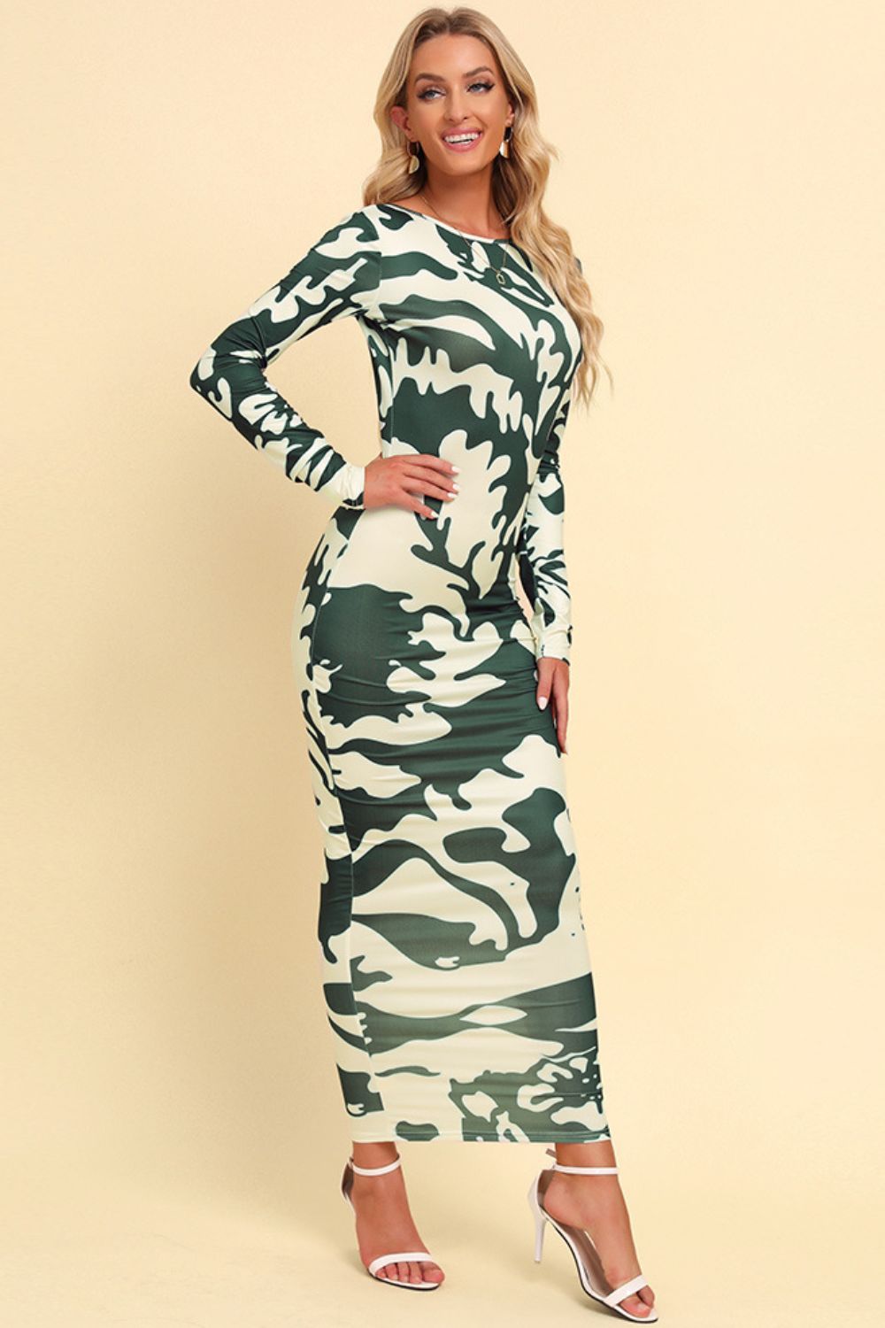 Backless Long Sleeve Maxi Dress in Green Camouflage