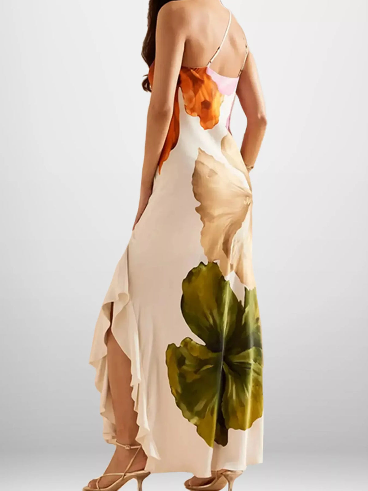 One-Shoulder Floral Satin Maxi Dress in Tan
