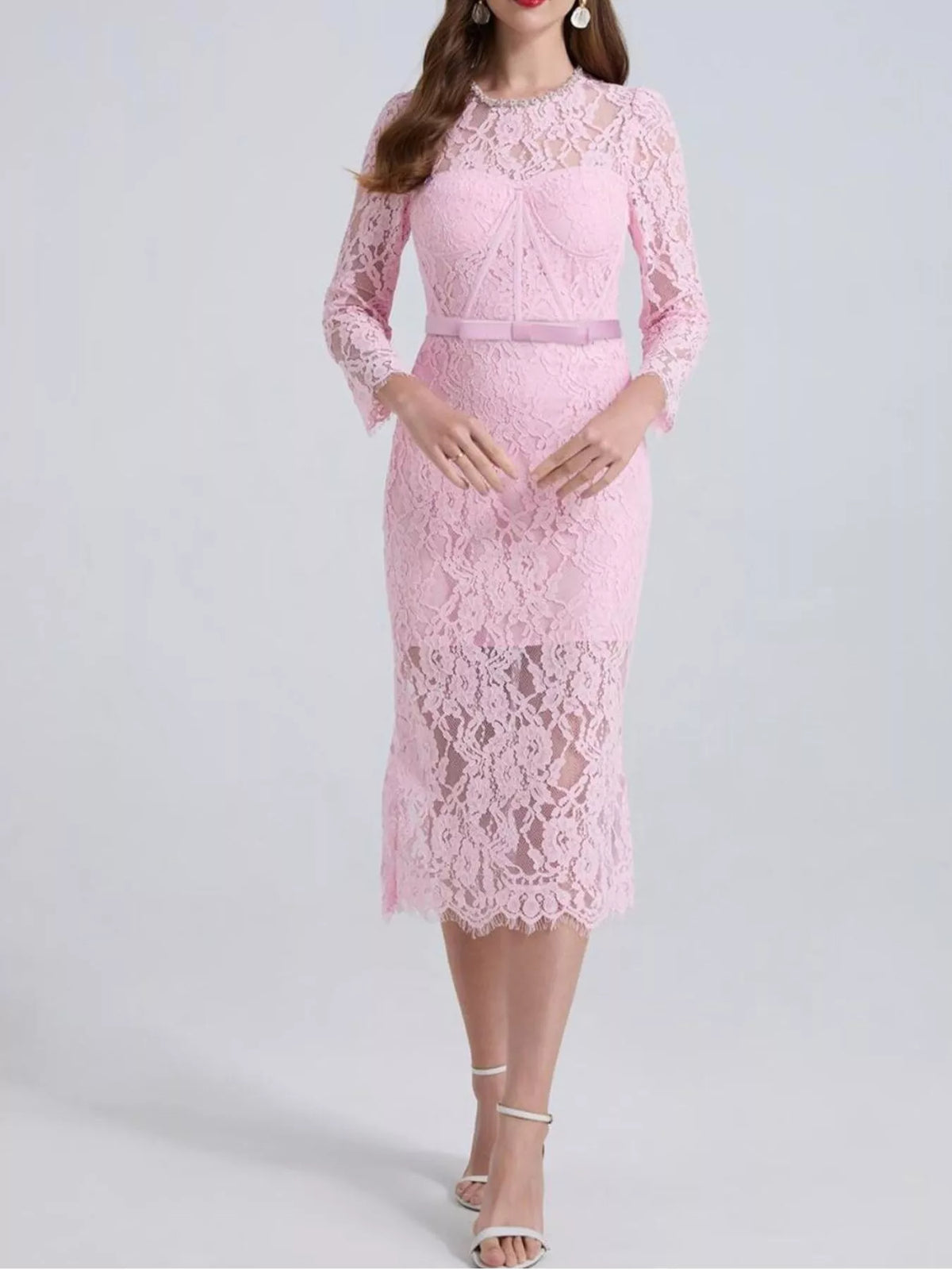 Lace Midi Dress with Long Sleeves and Slit