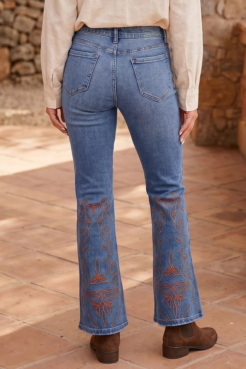 Embroidered Flare Leg Jeans in Medium Wash