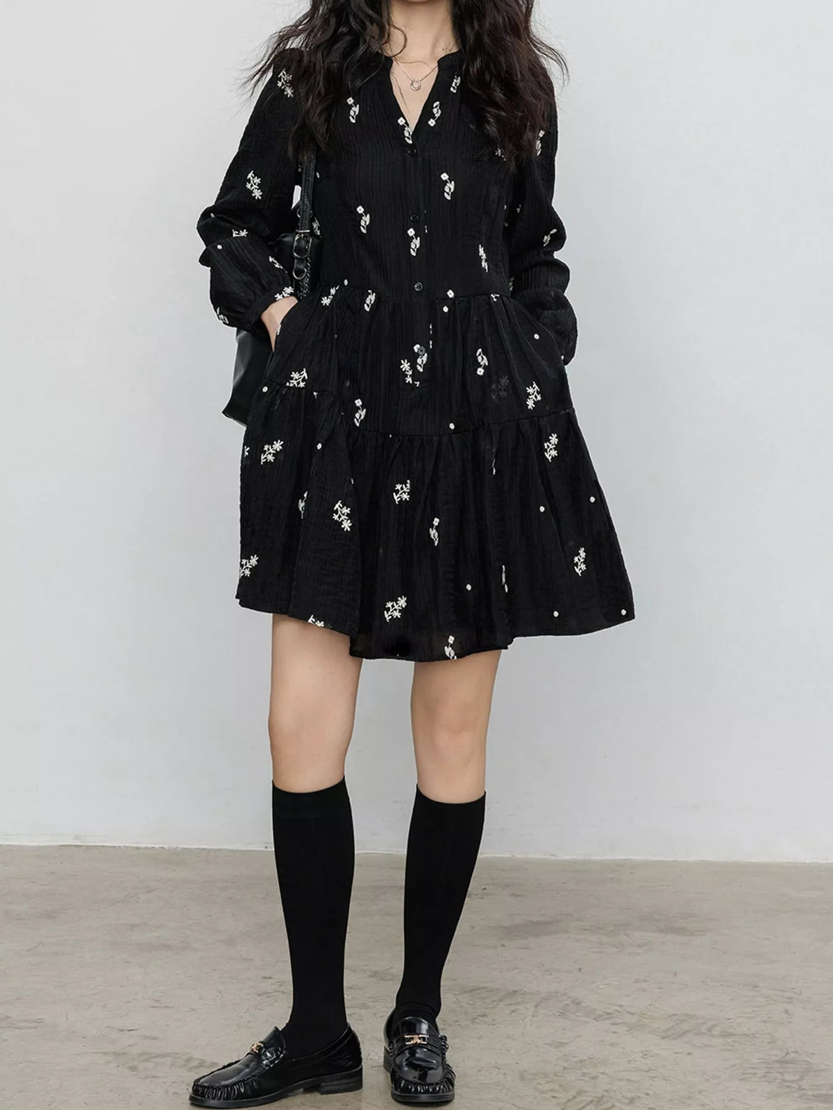 Floral Tiered Mini Dress in Black