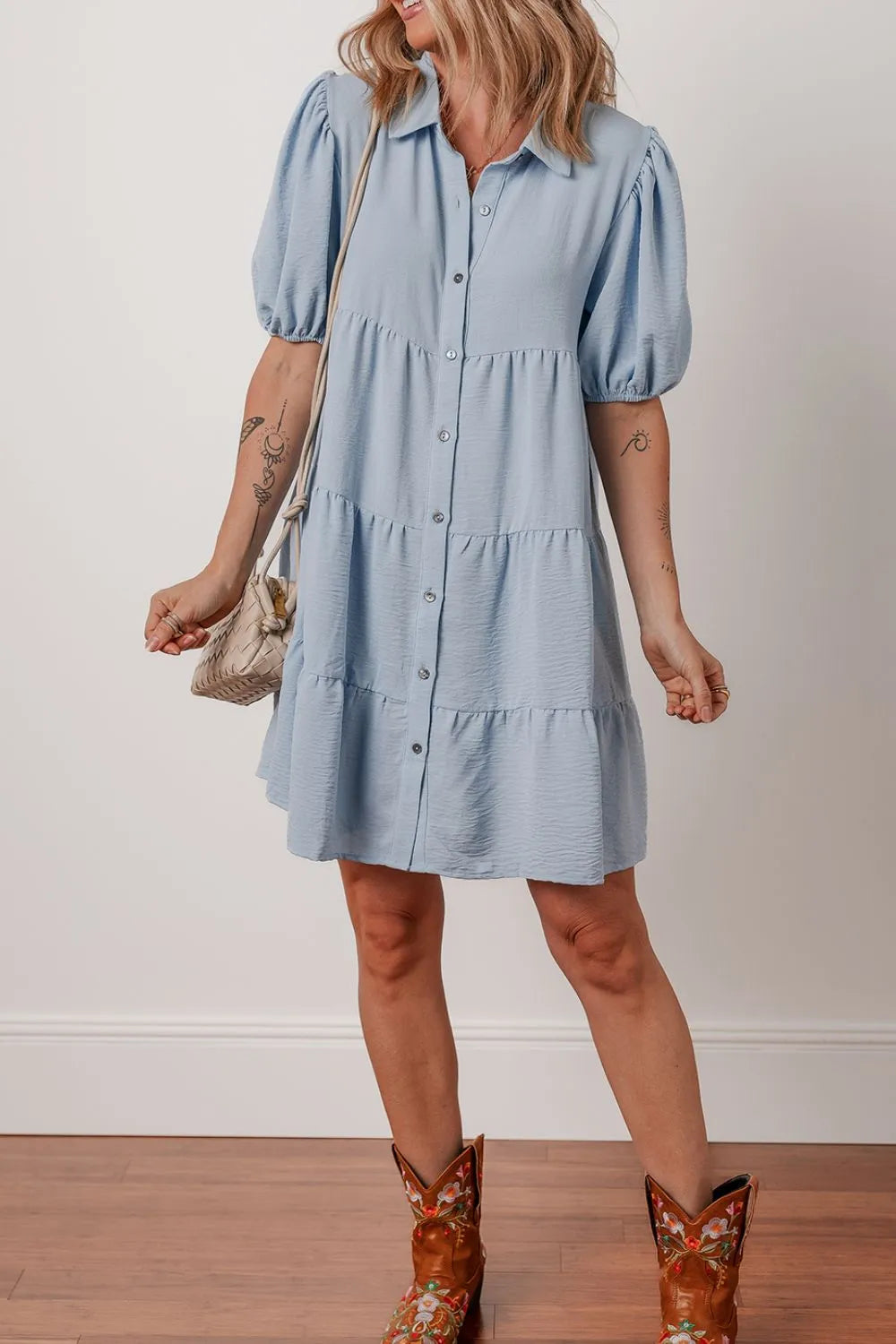Button-Up Tiered Shirt Dress in Light Blue