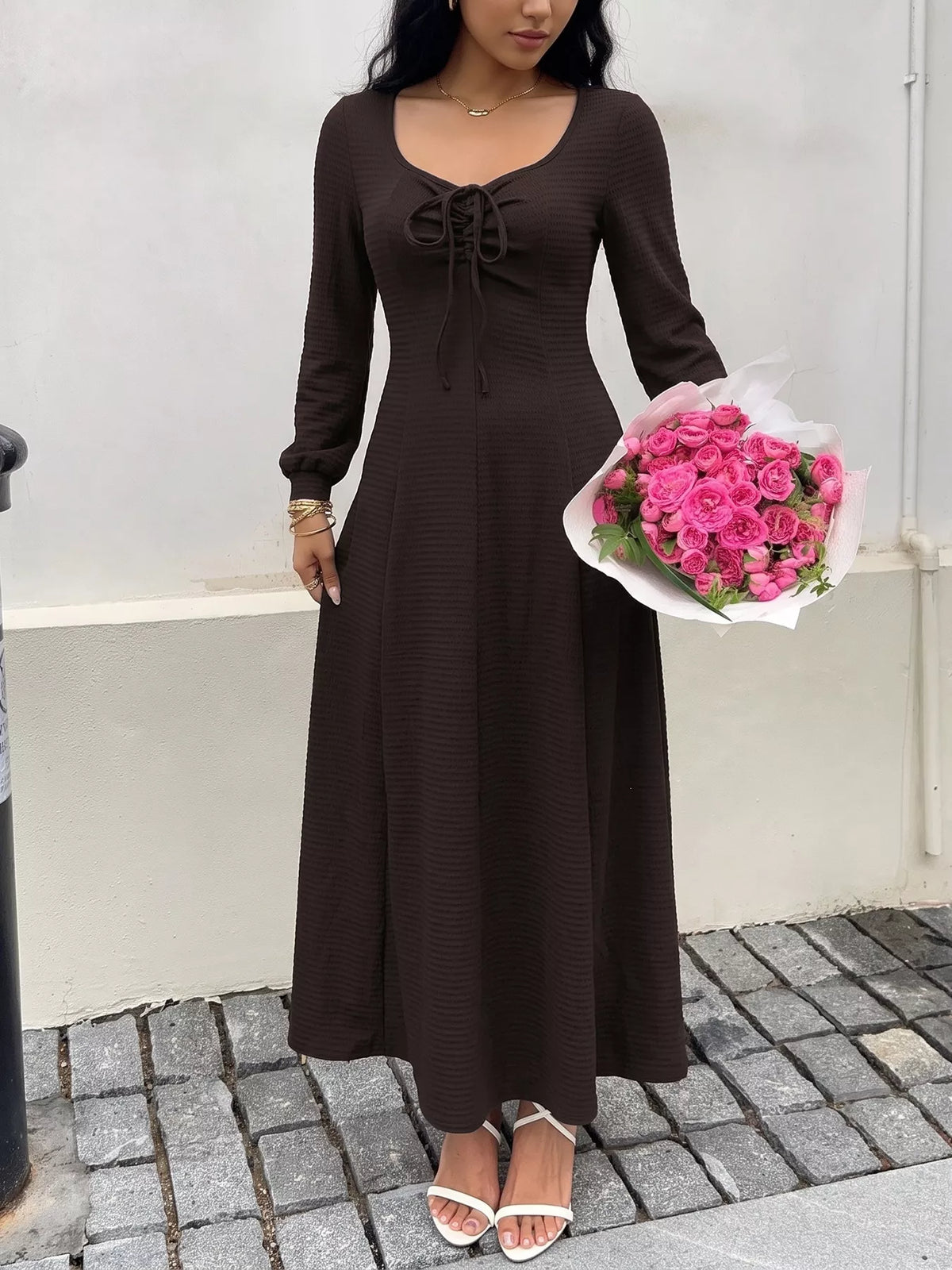 Long Sleeve Tie-Front Maxi Dress in Brown