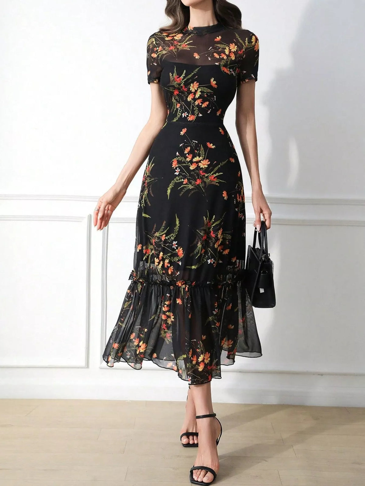 Floral Sheer Overlay Midi Dress in Black