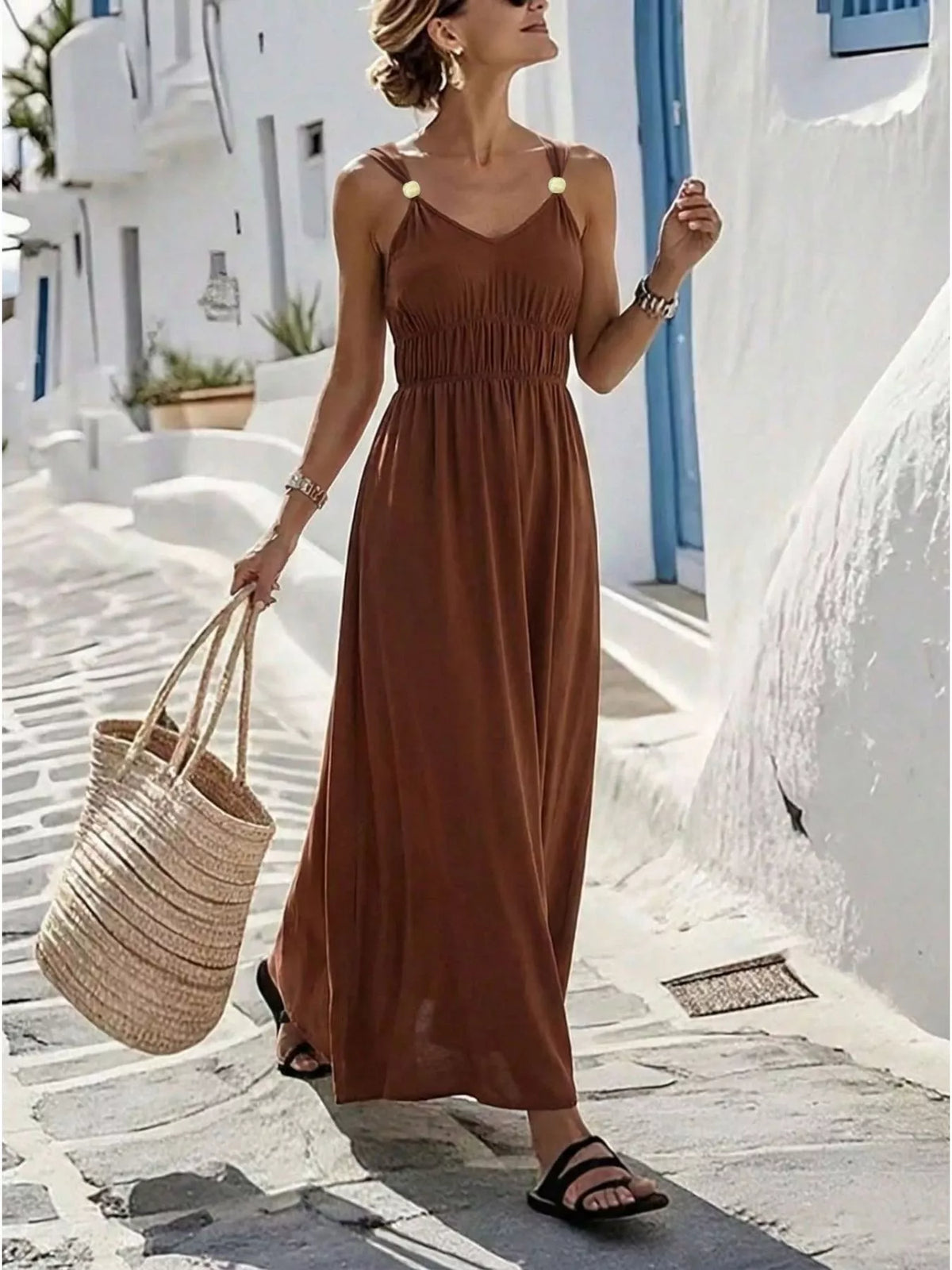 Ruched V-Neck Maxi Dress in Brown