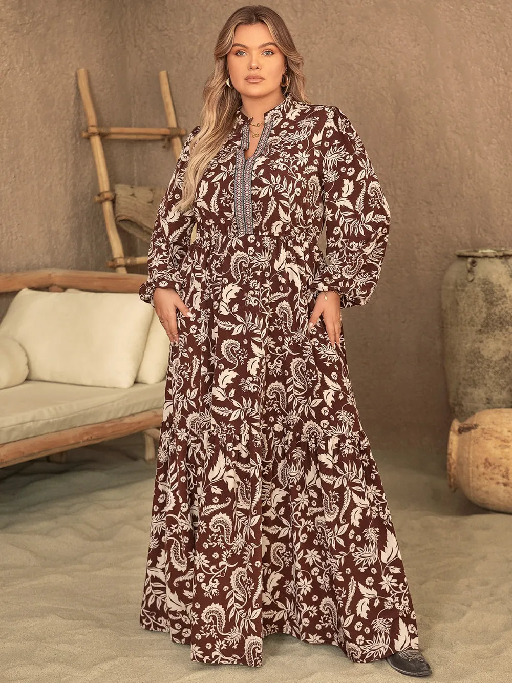 Notched Balloon Sleeve Maxi Dress in Chocolate