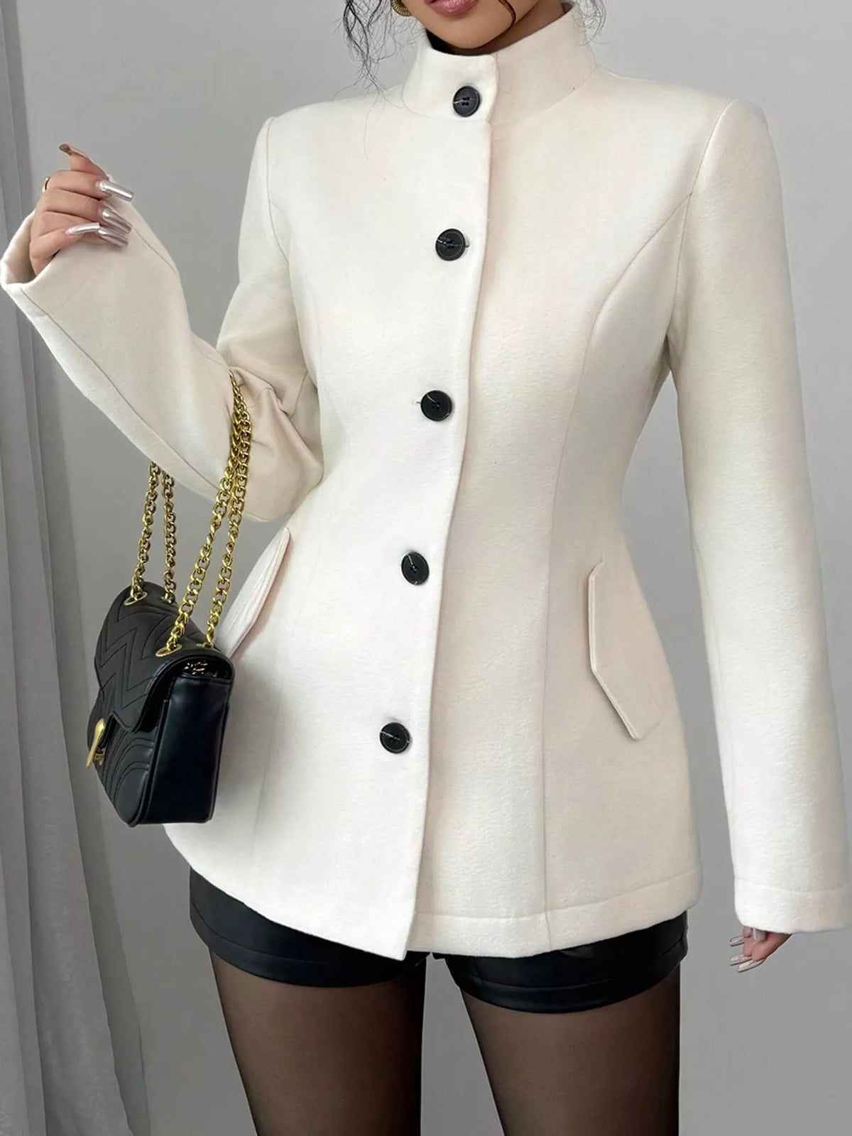Stand-Collar Single-Breasted Jacket in Creamy White