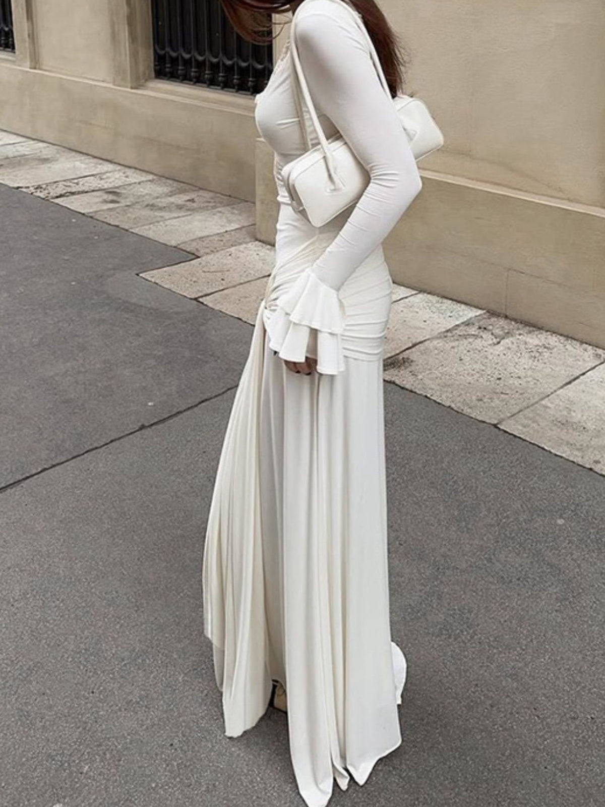 Lace Trim Long Sleeve Maxi Dress in White