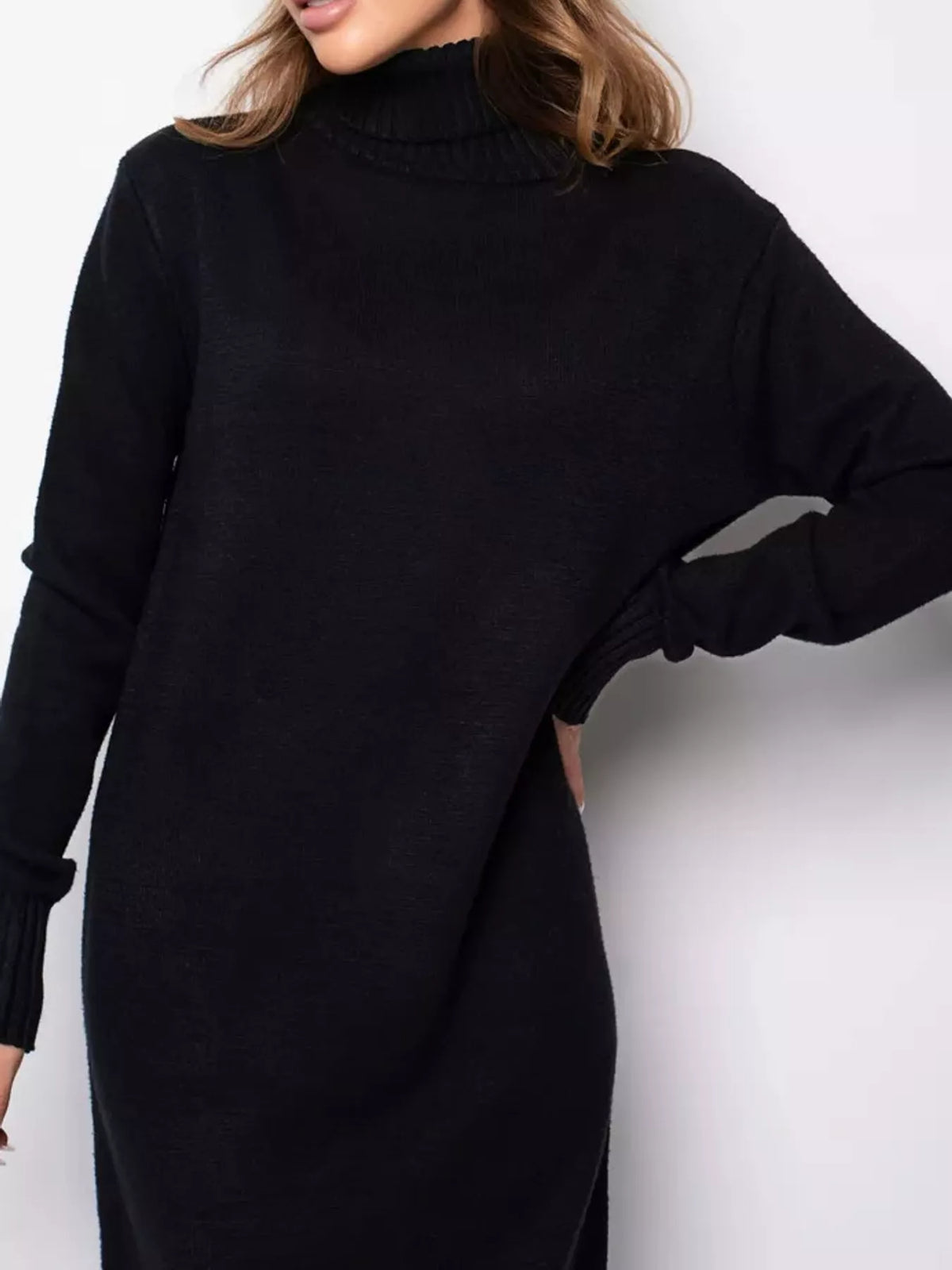 Relaxed Fit Turtleneck Ribbed Knit Sweater Dress