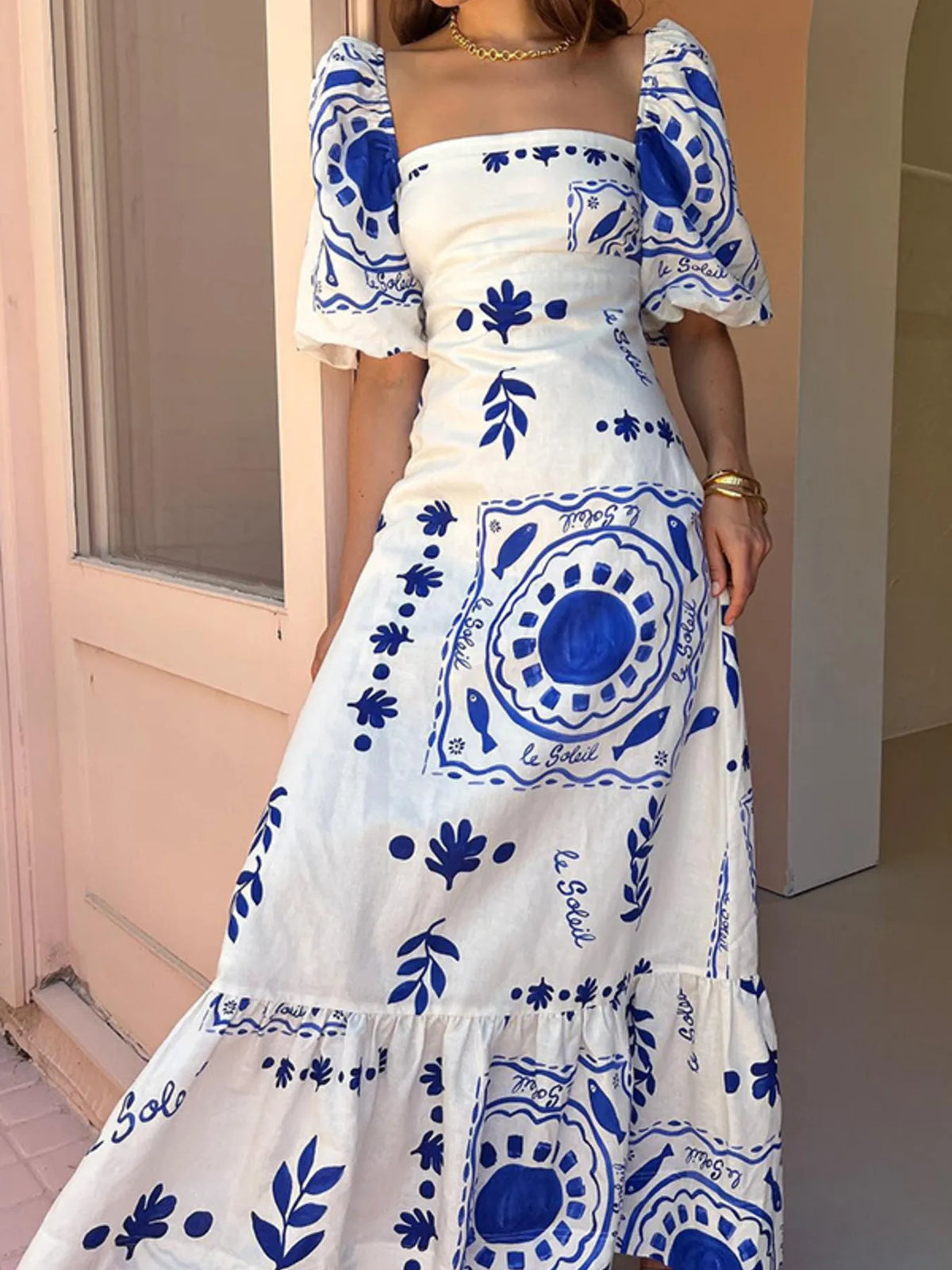 Floral Square-Neck Puff-Sleeve Maxi Dress in Blue