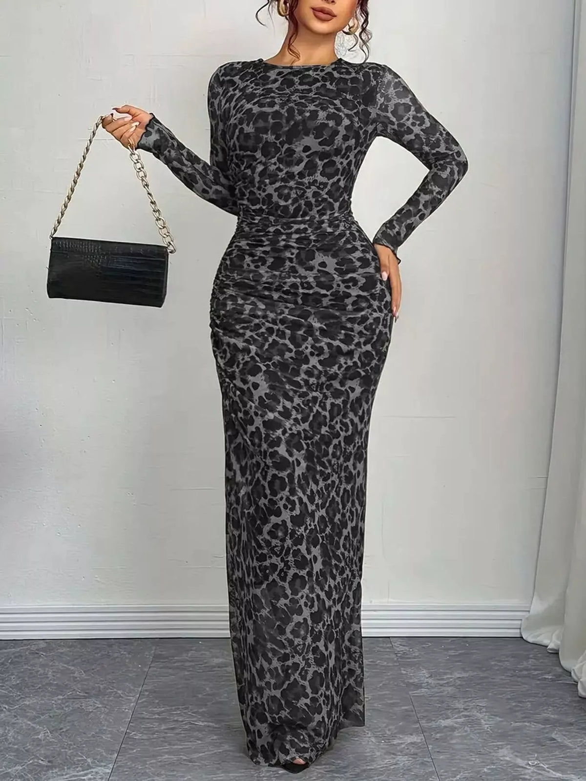 Leopard Print Ruched Bodycon Maxi Dress