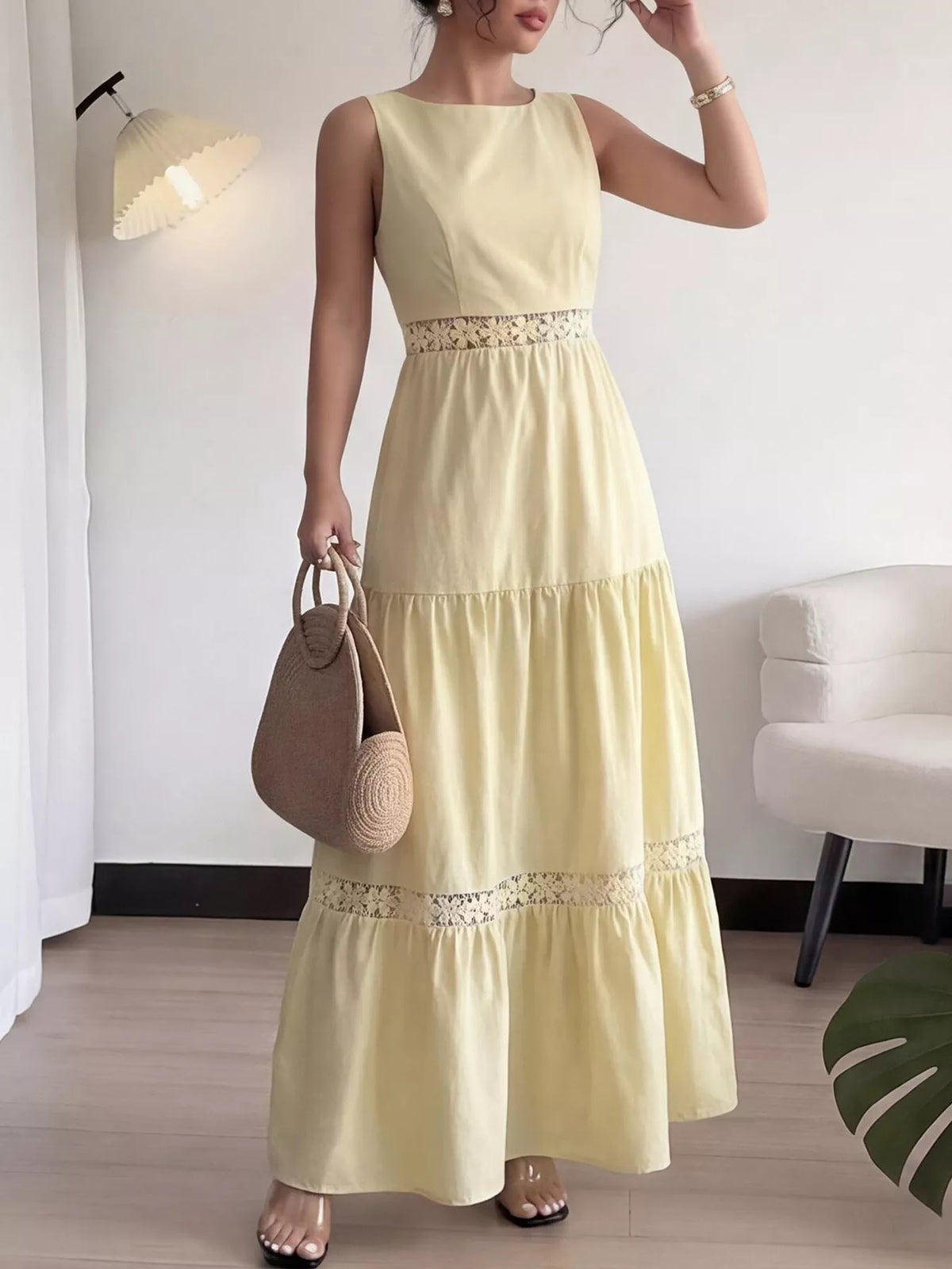 Sleeveless Tiered Lace Trim Maxi Dress in Yellow