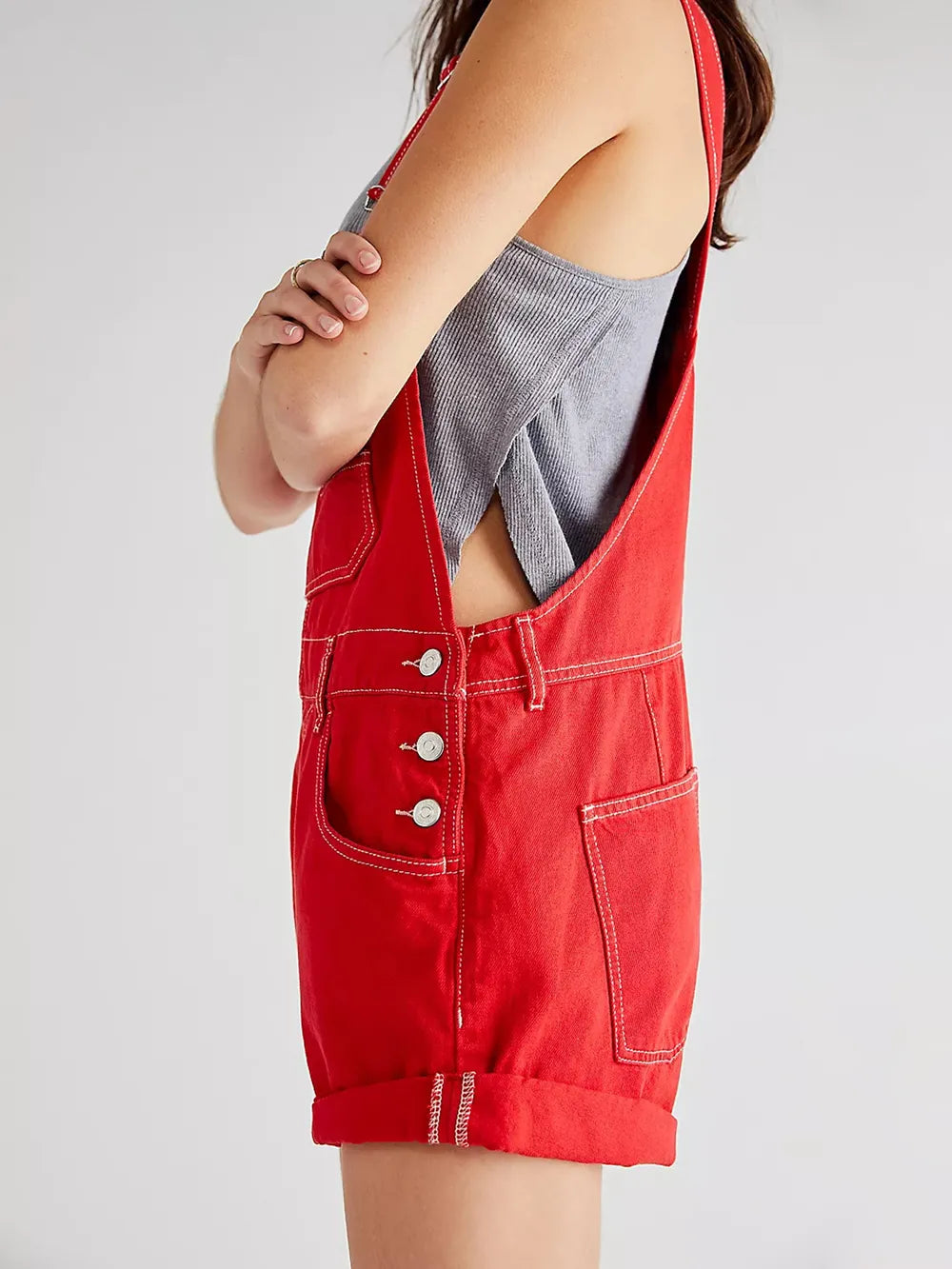Wide Strap Square Neck Denim Overalls in Scarlet by Dreamy Drapes