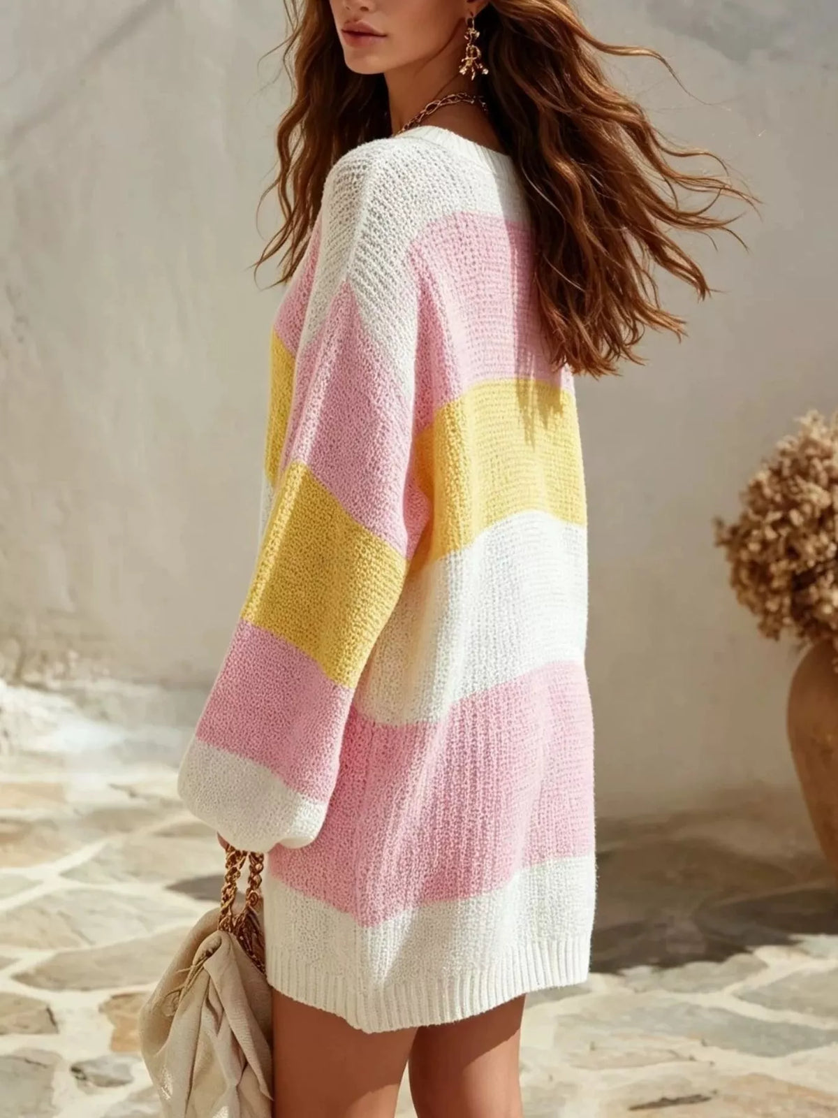 Color Block V-Neck Sweater Dress in Pink