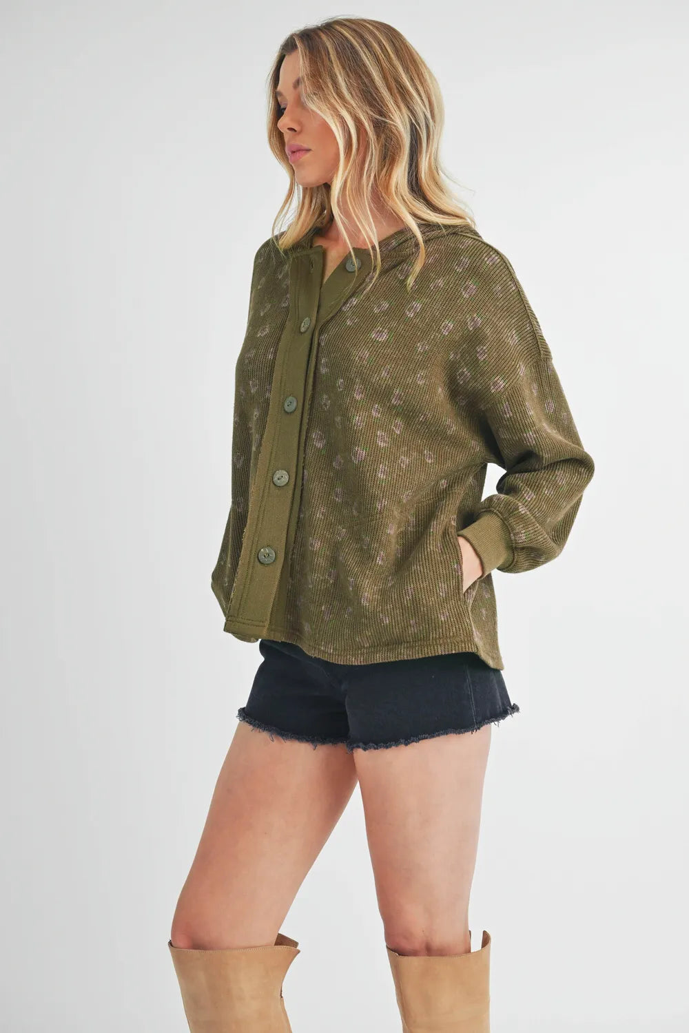Floral Button-Up Hooded Jacket in Olive