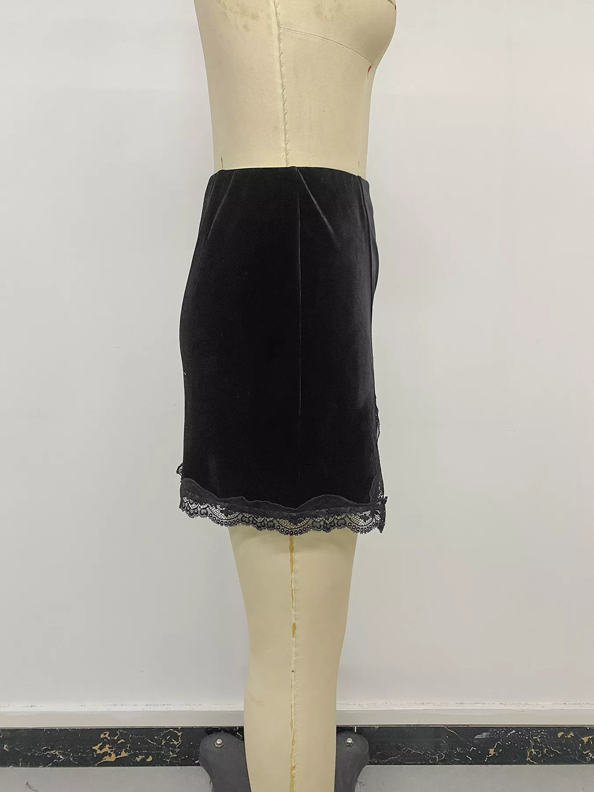 Velvet Mini Skirt with Lace Trim in Black