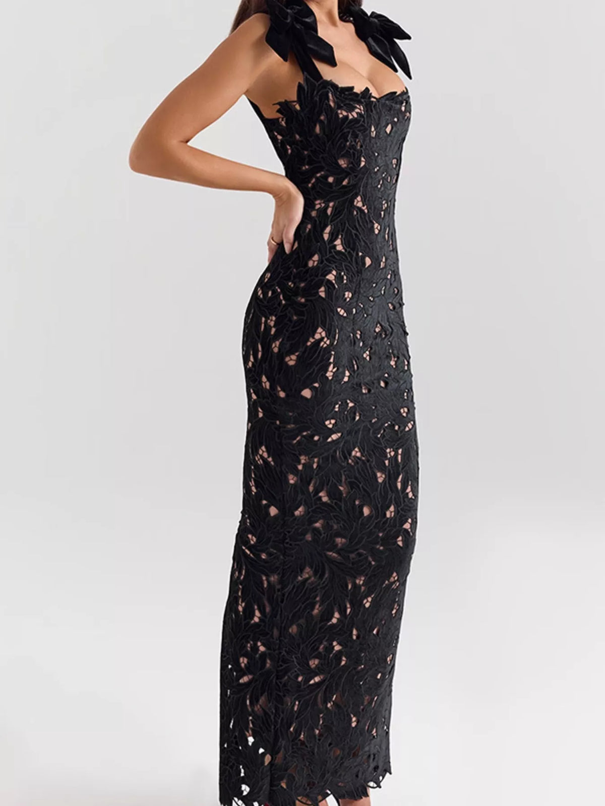 Tie Shoulder Lace Cutout Maxi Dress