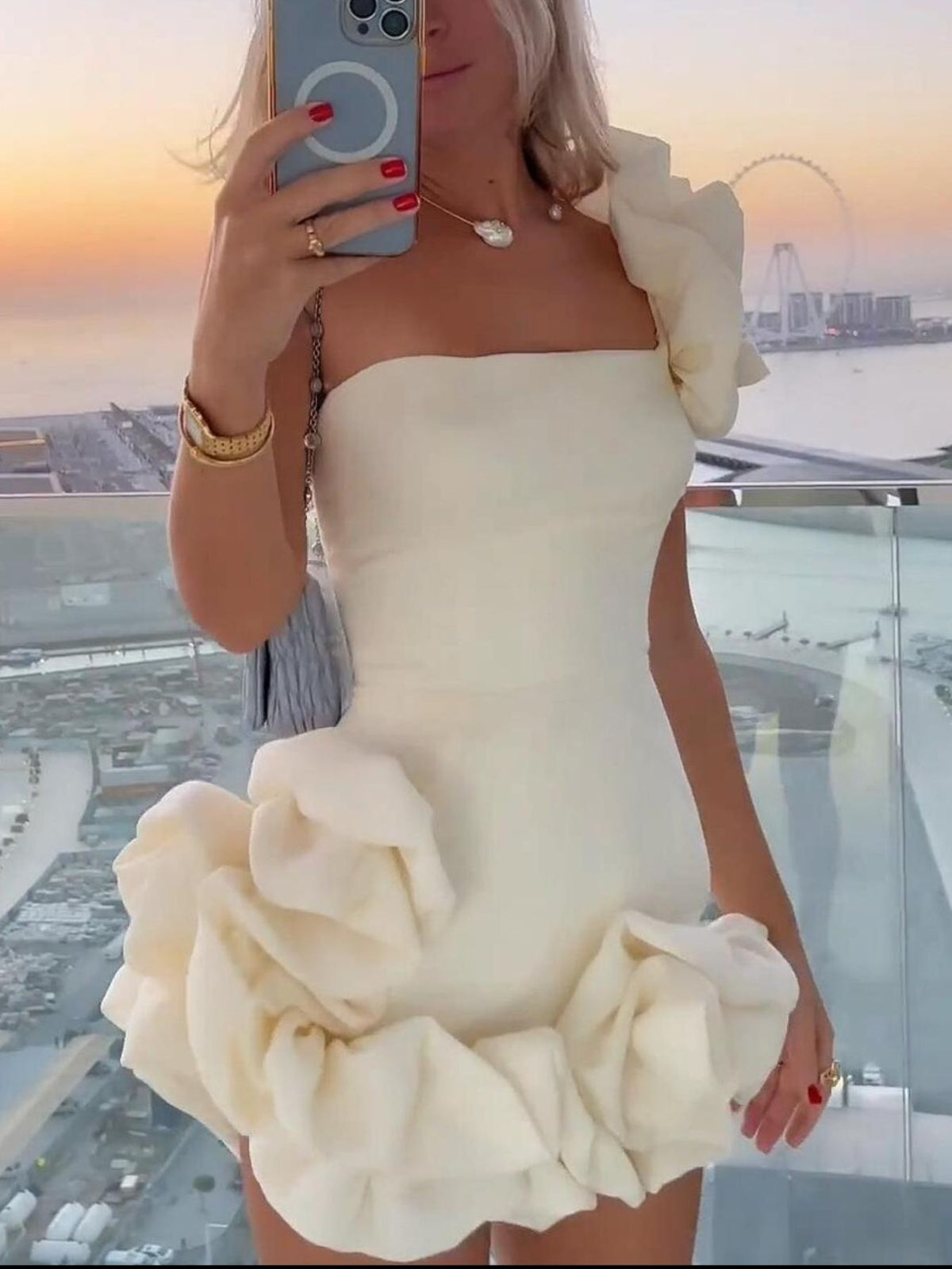 One-Shoulder Ruffle Mini Dress in White