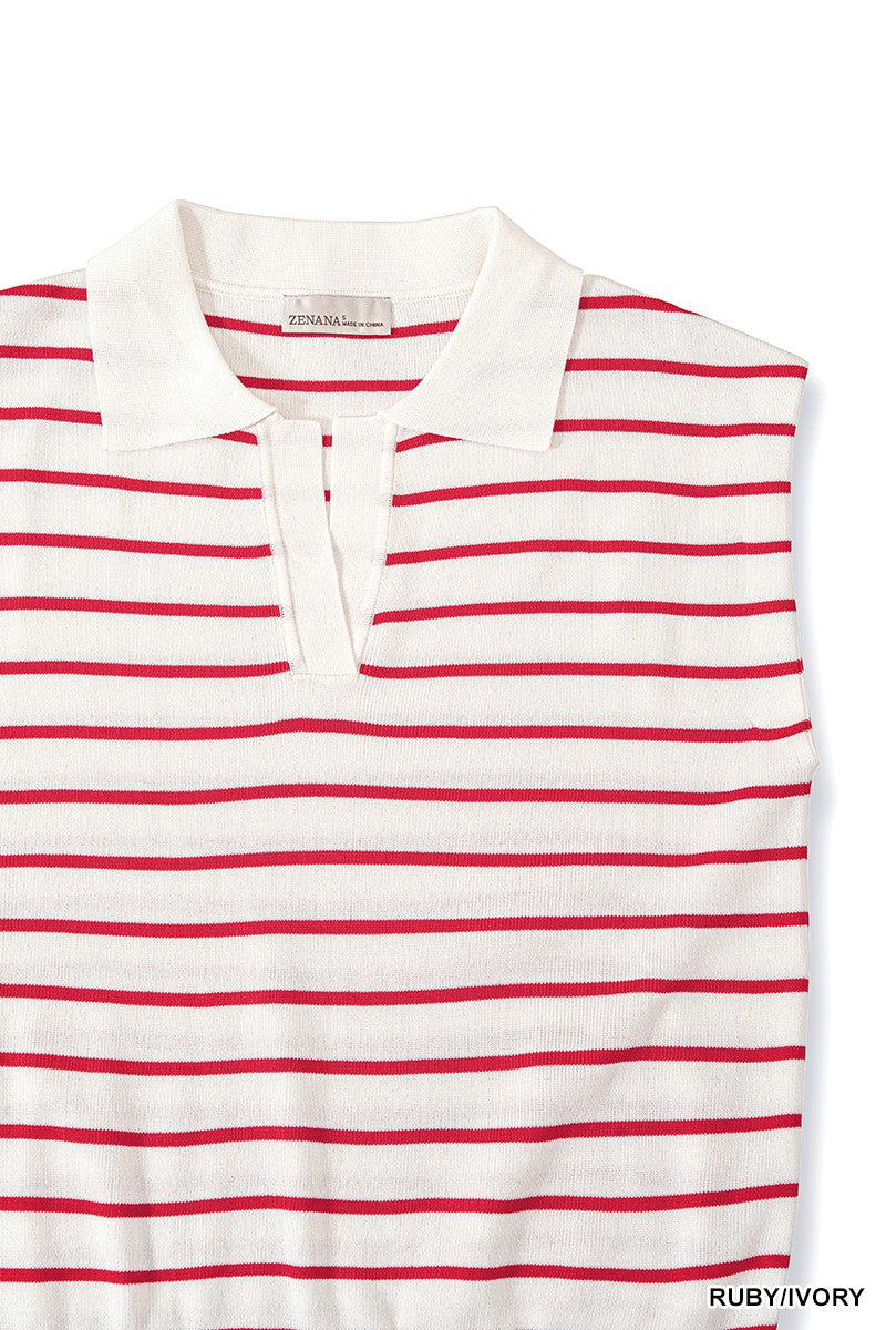 Zenana Striped Collared Sweater Vest in Ruby & Ivory in Ruby/ivory