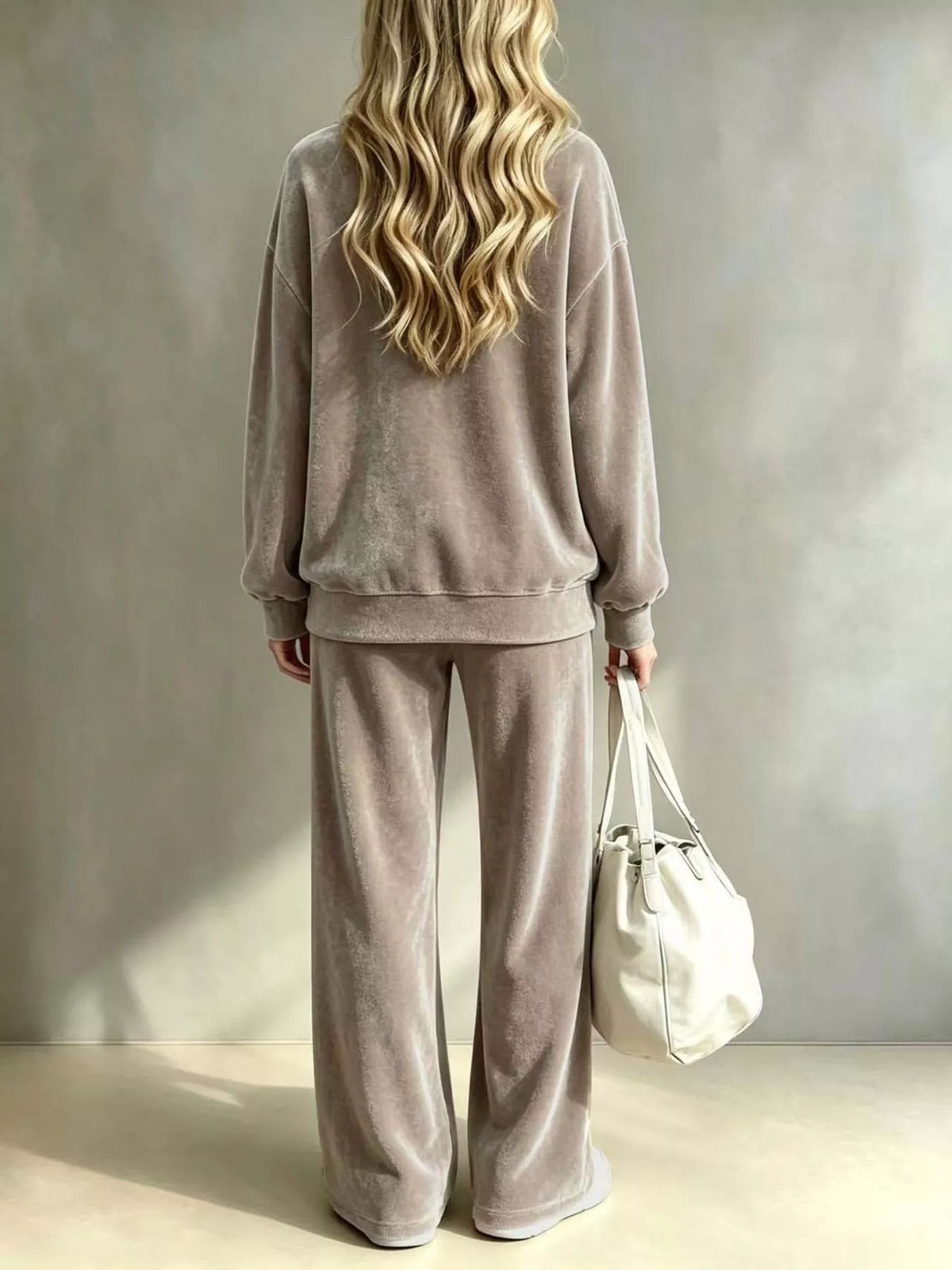Dropped Shoulder Velvet Top and Wide Leg Pants Set