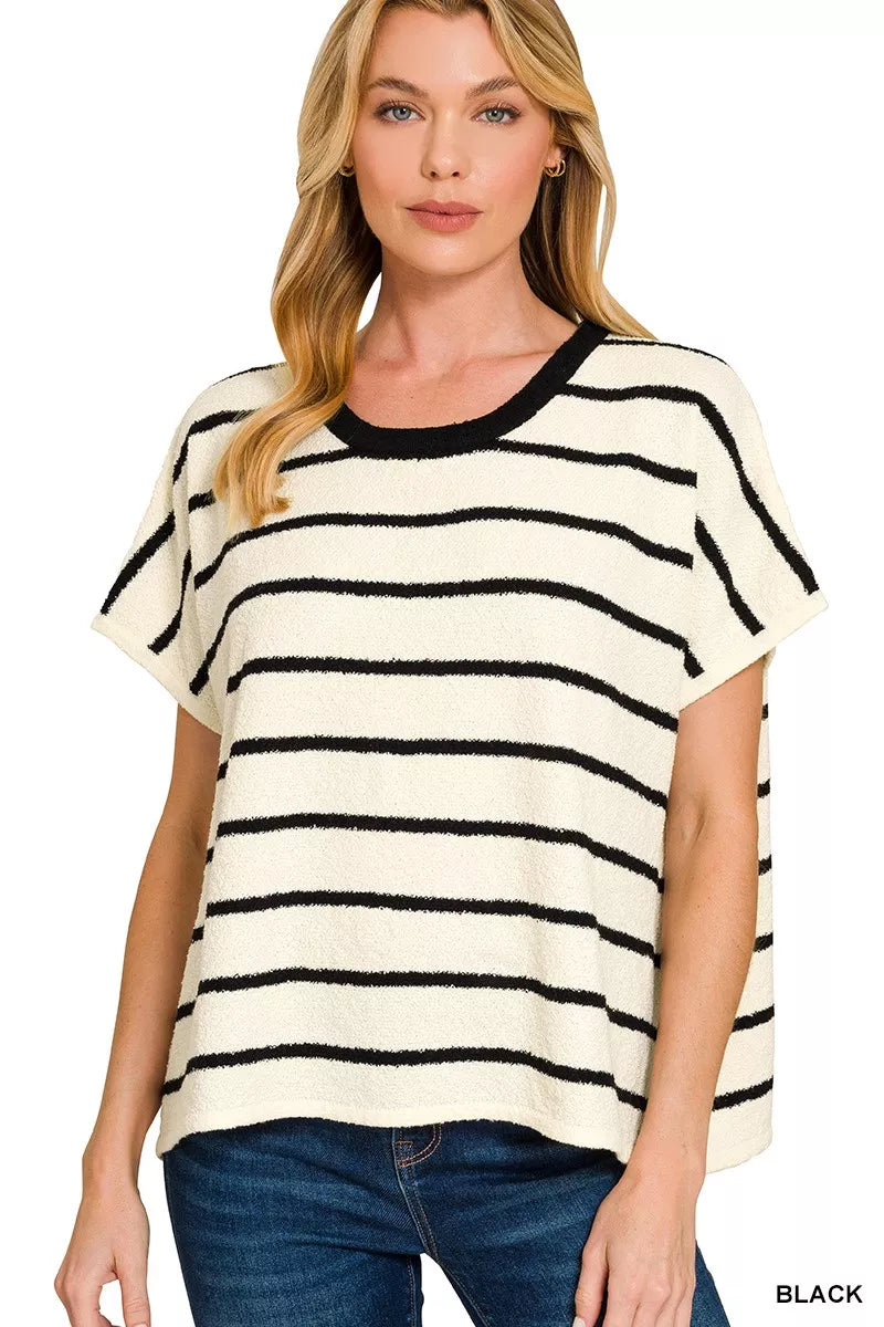 Zenana Striped Oversize Sweater Top in Black