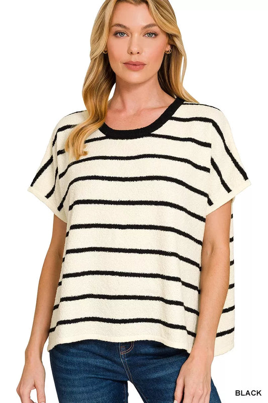Zenana Striped Oversize Sweater Top in Black