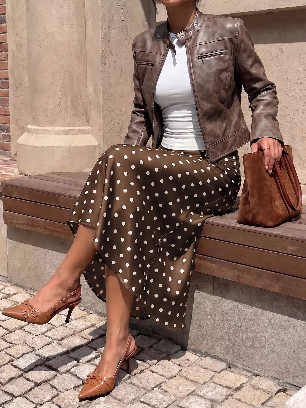 Polka Dot Midi Skirt in Brown