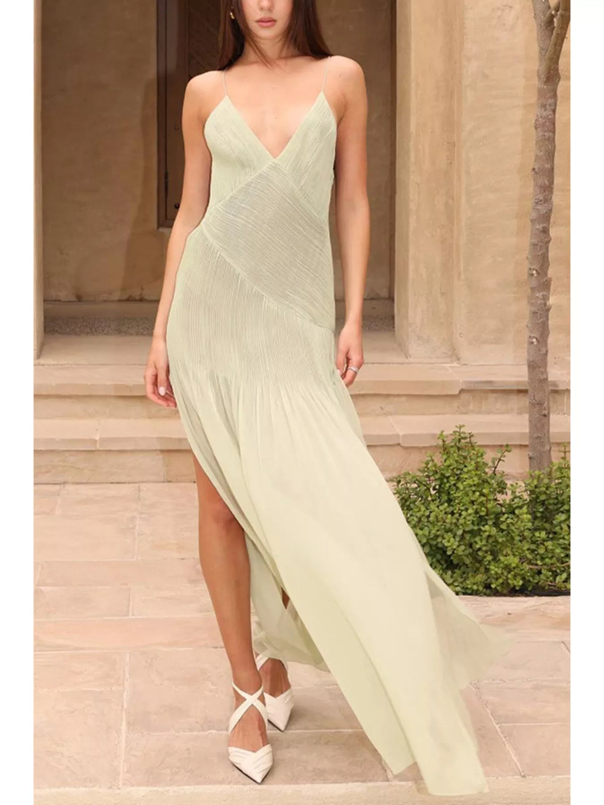 Pleated Maxi Cami Dress in Green