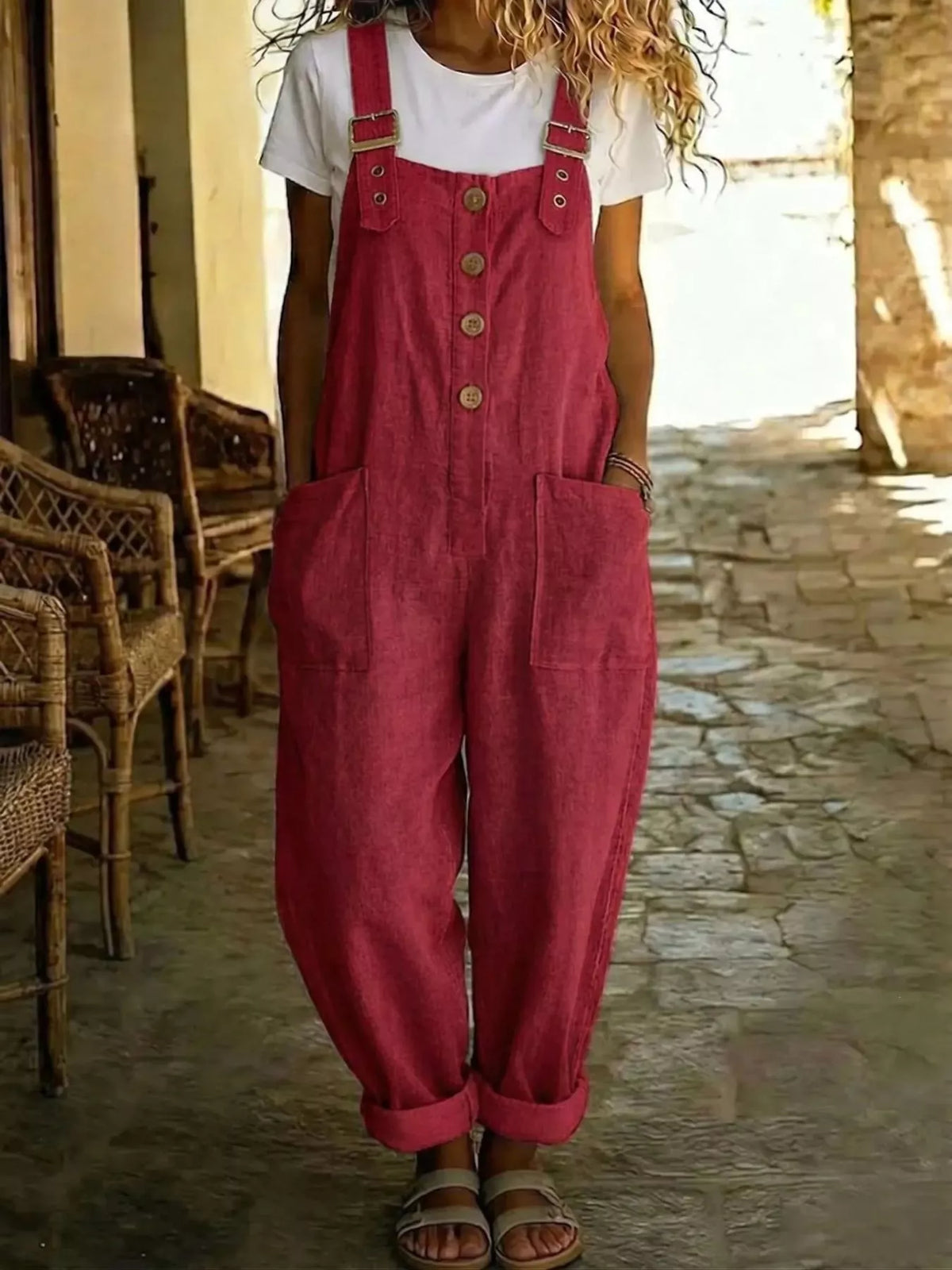 Button Front Wide Leg Overalls