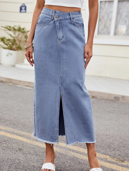 Slit Denim Skirt in Light Wash by Manny