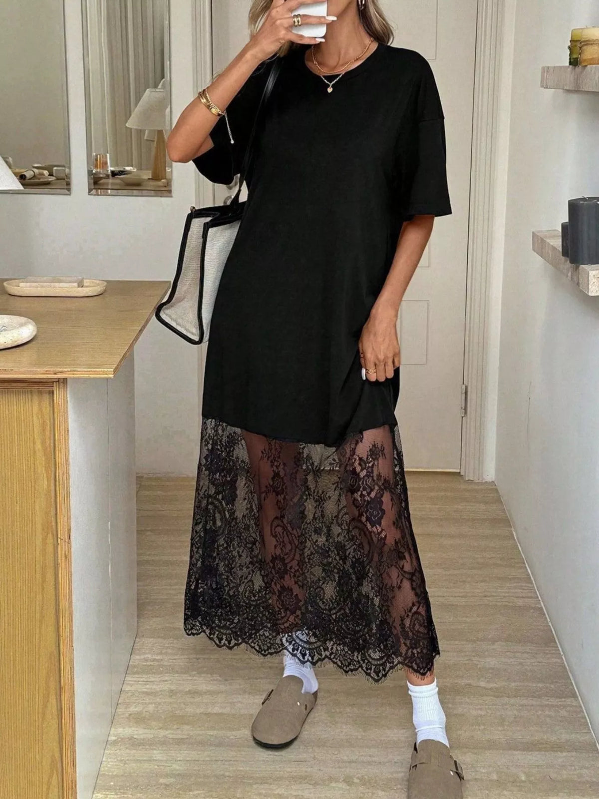 Floral Lace-Hem Tee Dress in Black