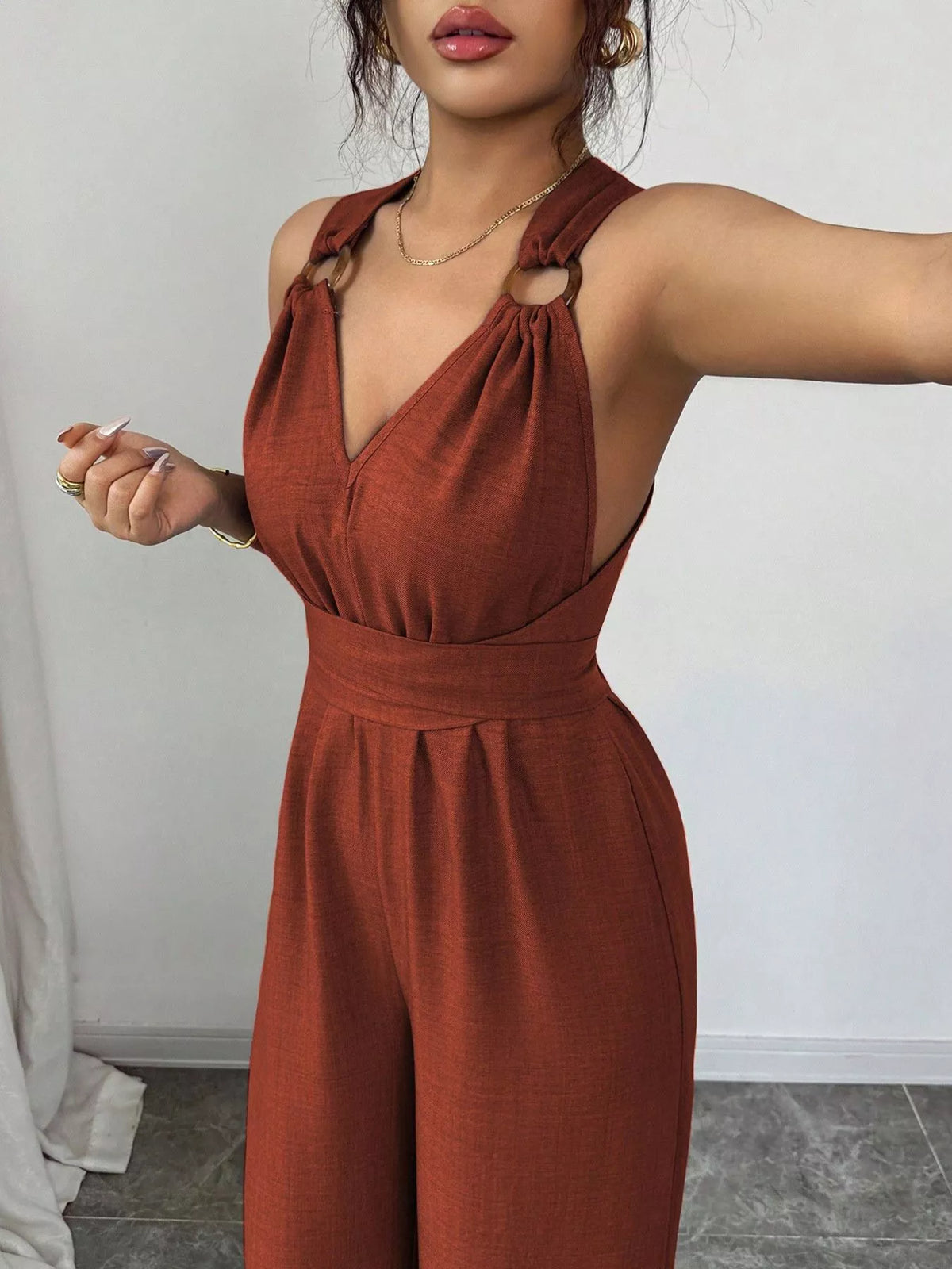 Sleeveless V-Neck Wide-Leg Jumpsuit with O-Ring Detail