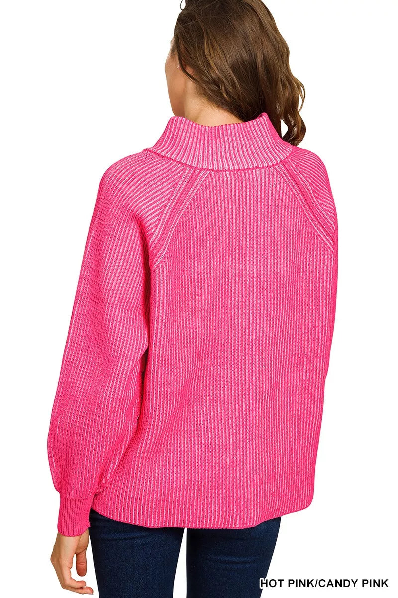 Zenana Ribbed Half Zip Sweater in Hot Pink & Candy Pink in Hot pink/candy pink