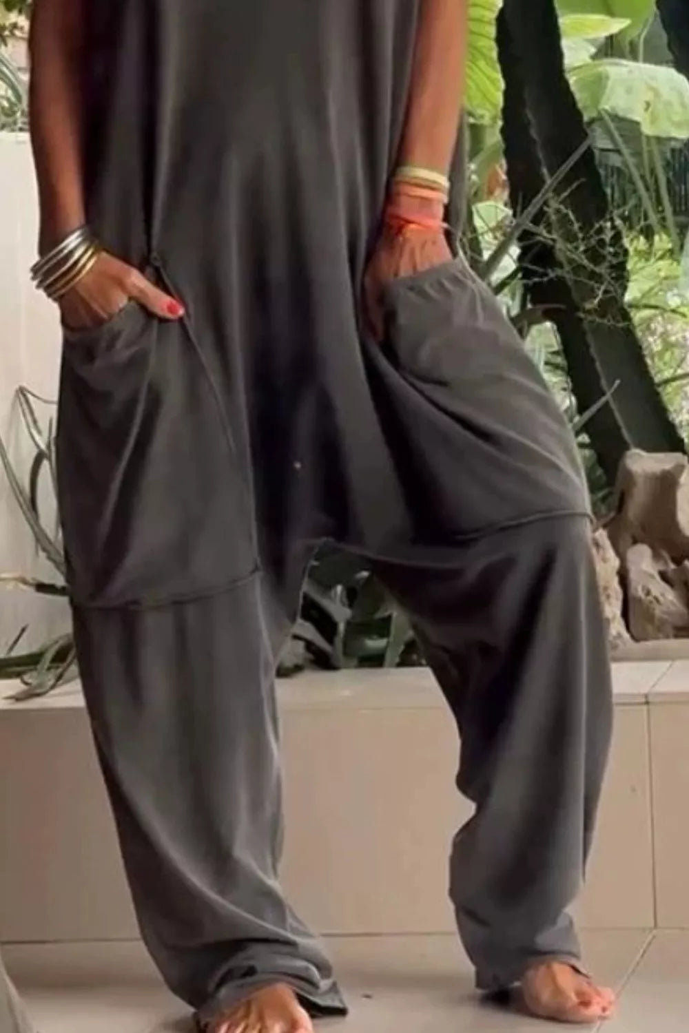 V-Neck Short Sleeve Jumpsuit with Pockets
