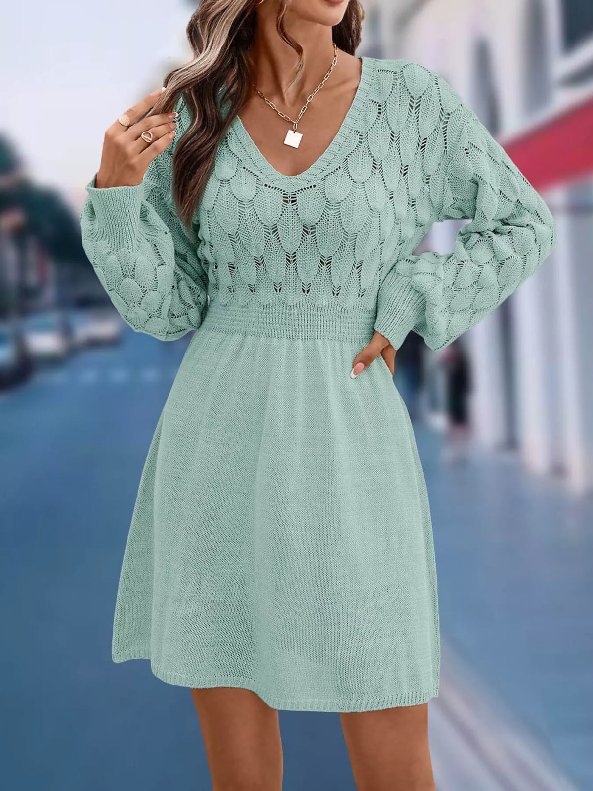 V-Neck Long Sleeve Sweater Dress with Openwork