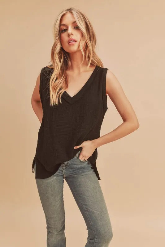 V-Neck Wide Strap Tank in Black