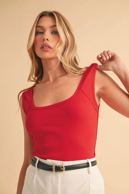 Square Neck Wide Strap Tank in Cherry