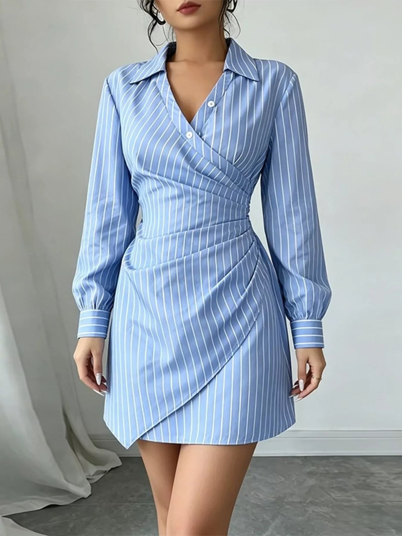 Striped Long Sleeve Shirt Dress in Blue