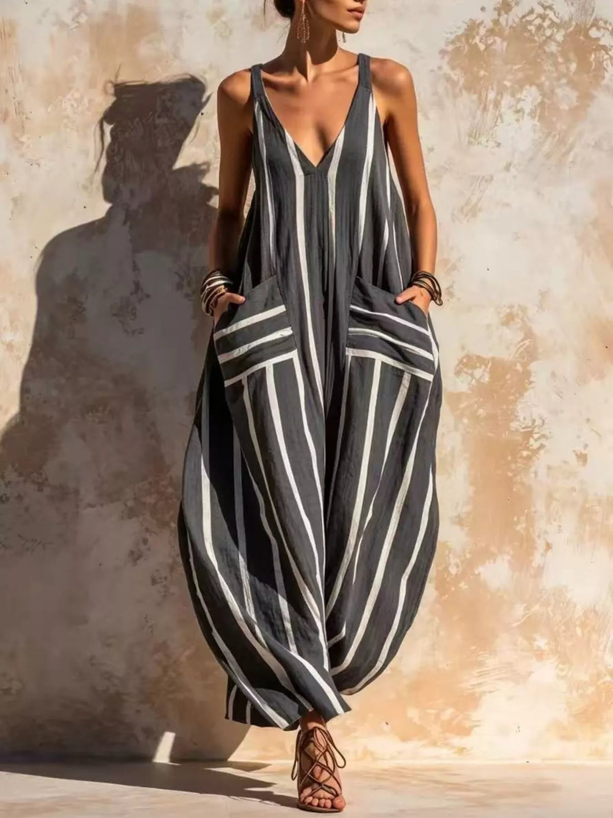 Striped V-Neck Sleeveless Wide-Leg Jumpsuit