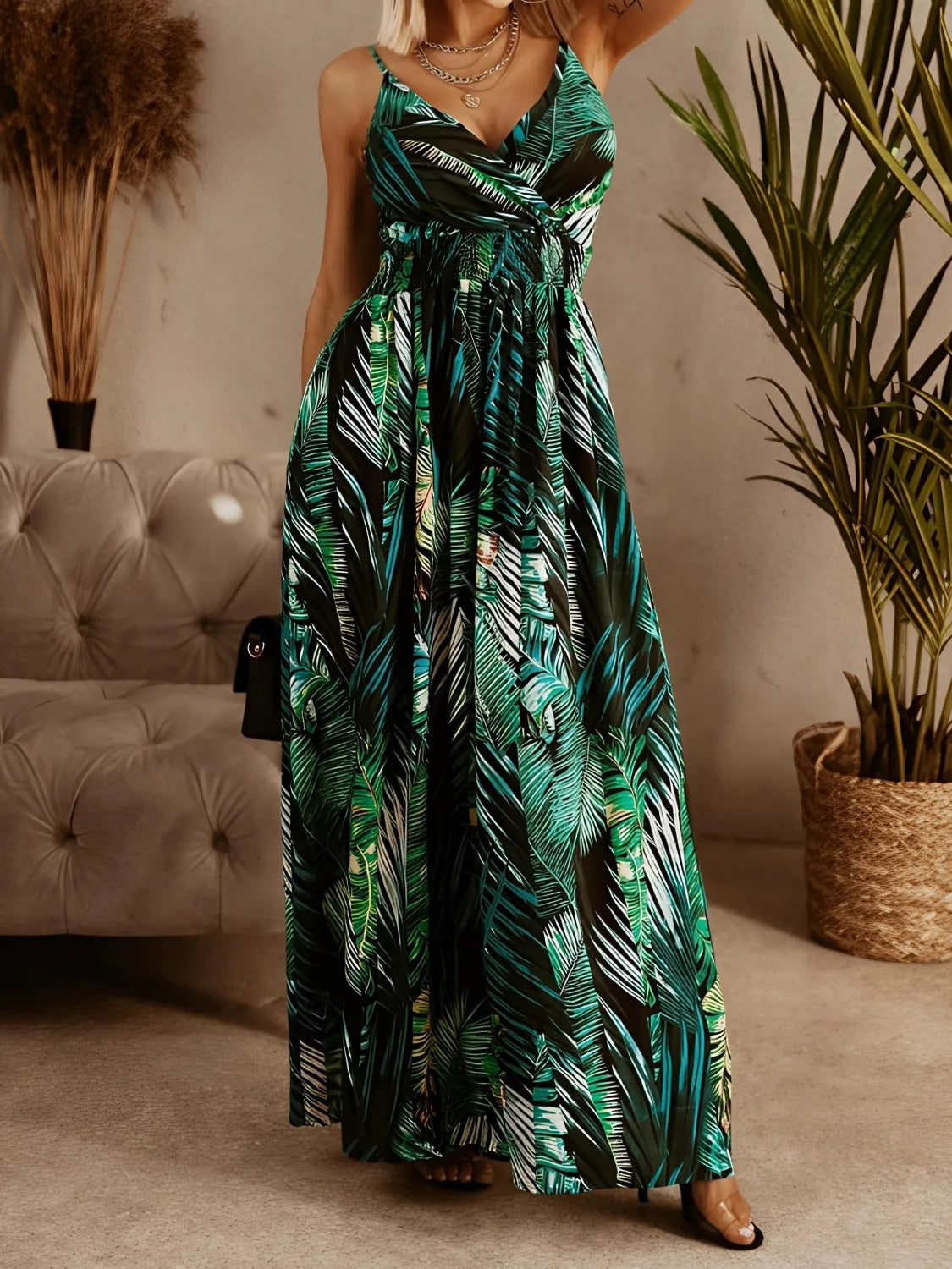 Smocked Surplice Maxi Cami Dress