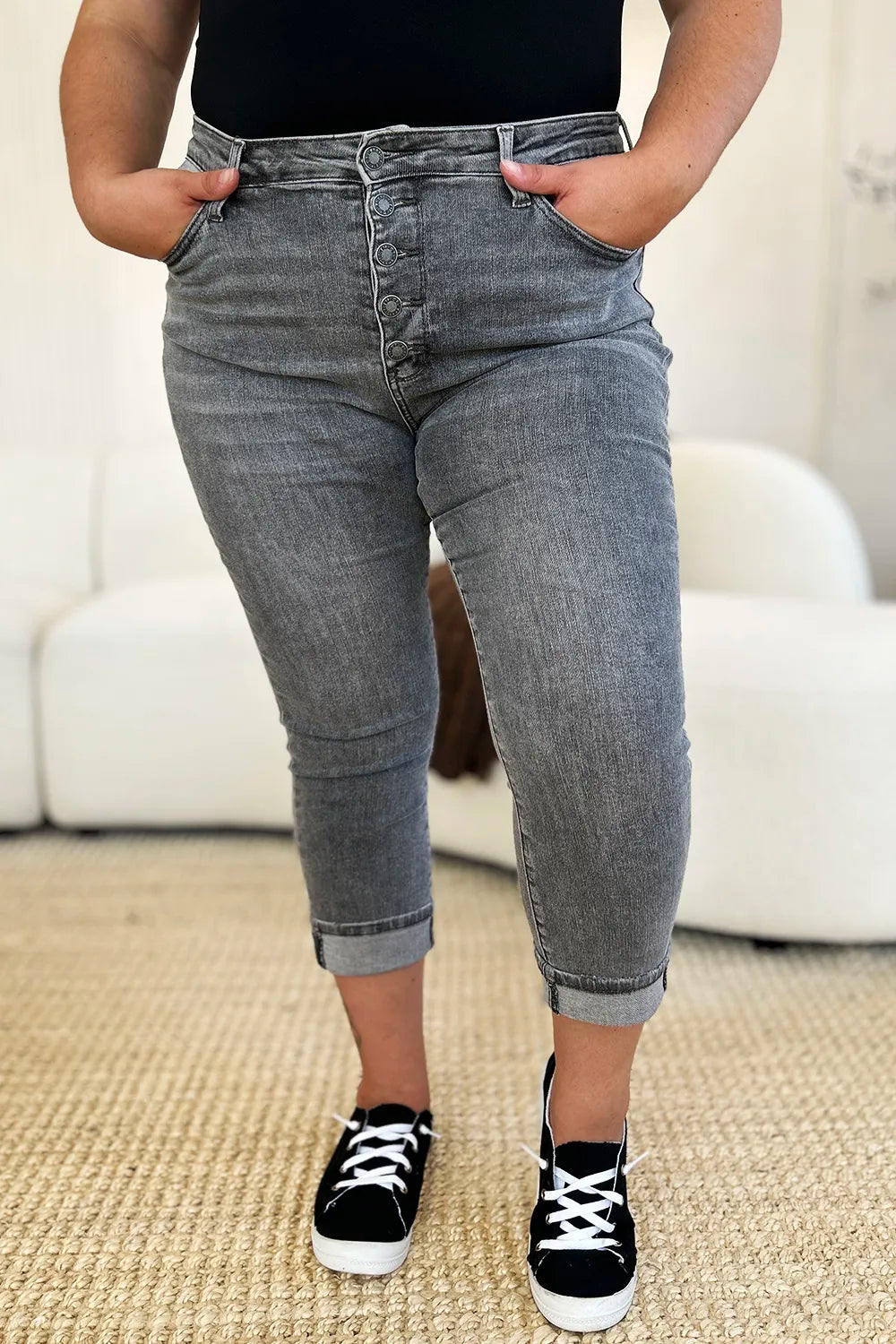 Judy Blue Button Fly High Waist Cuffed Capris in Gray