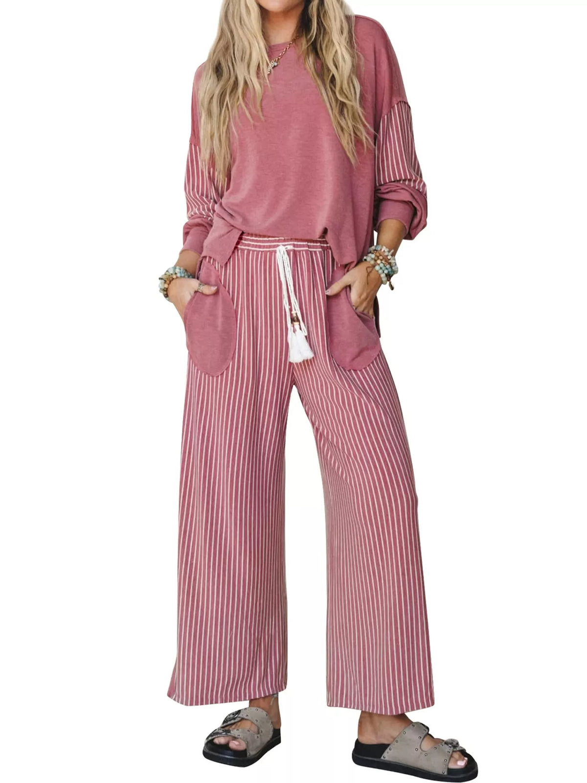 Striped Boat-Neck Top and Wide-Leg Pants Set