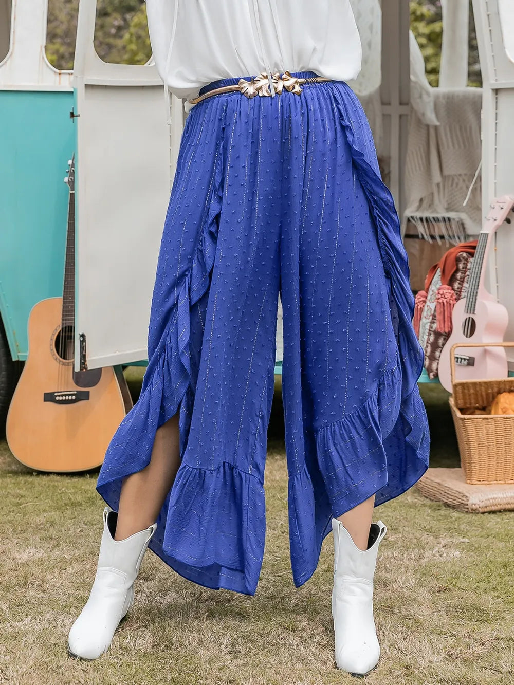 Swiss Dot Ruffled Wide Leg Pants in Royal Blue