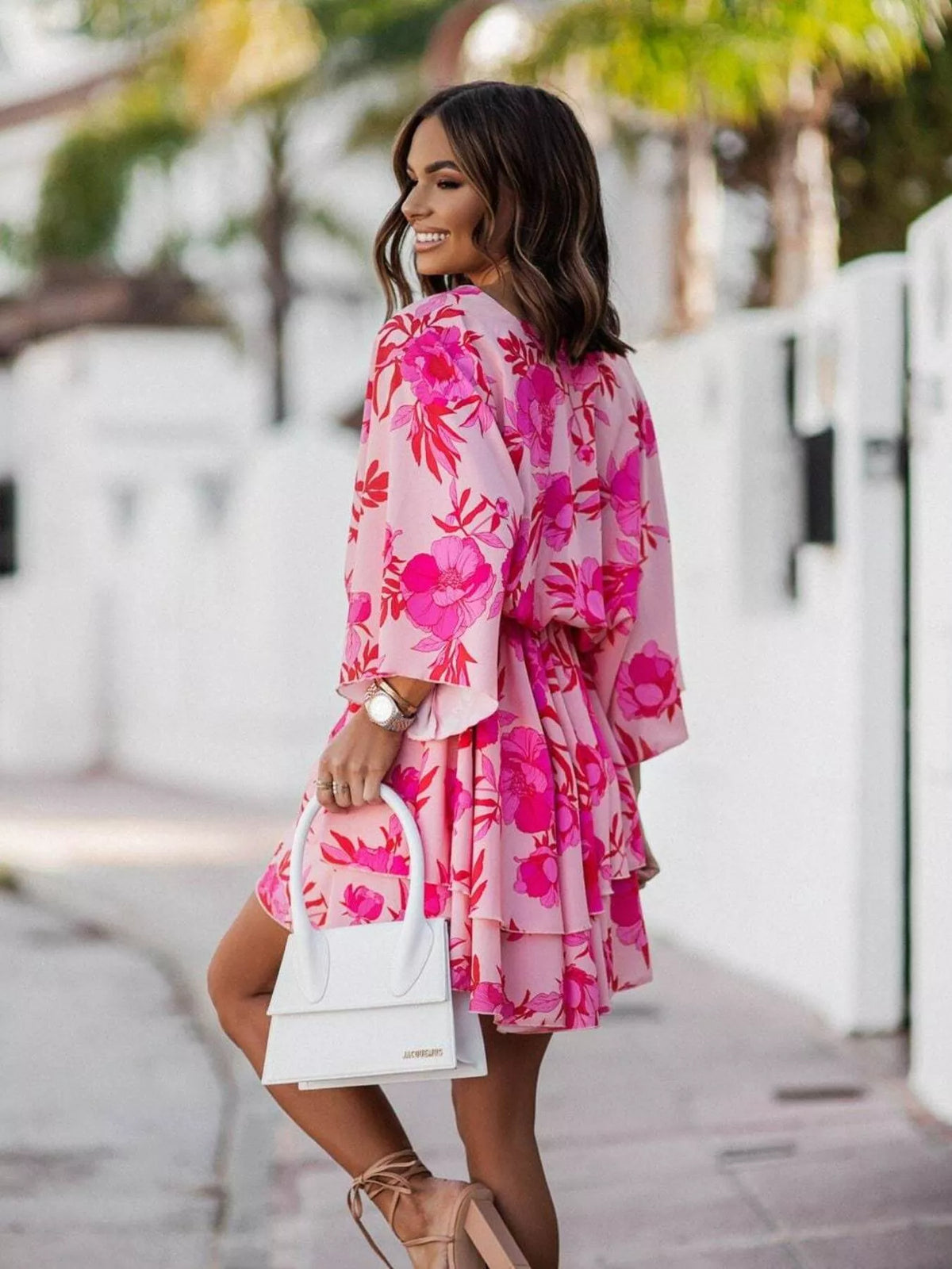 Tiered Surplice Mini Dress with Belt